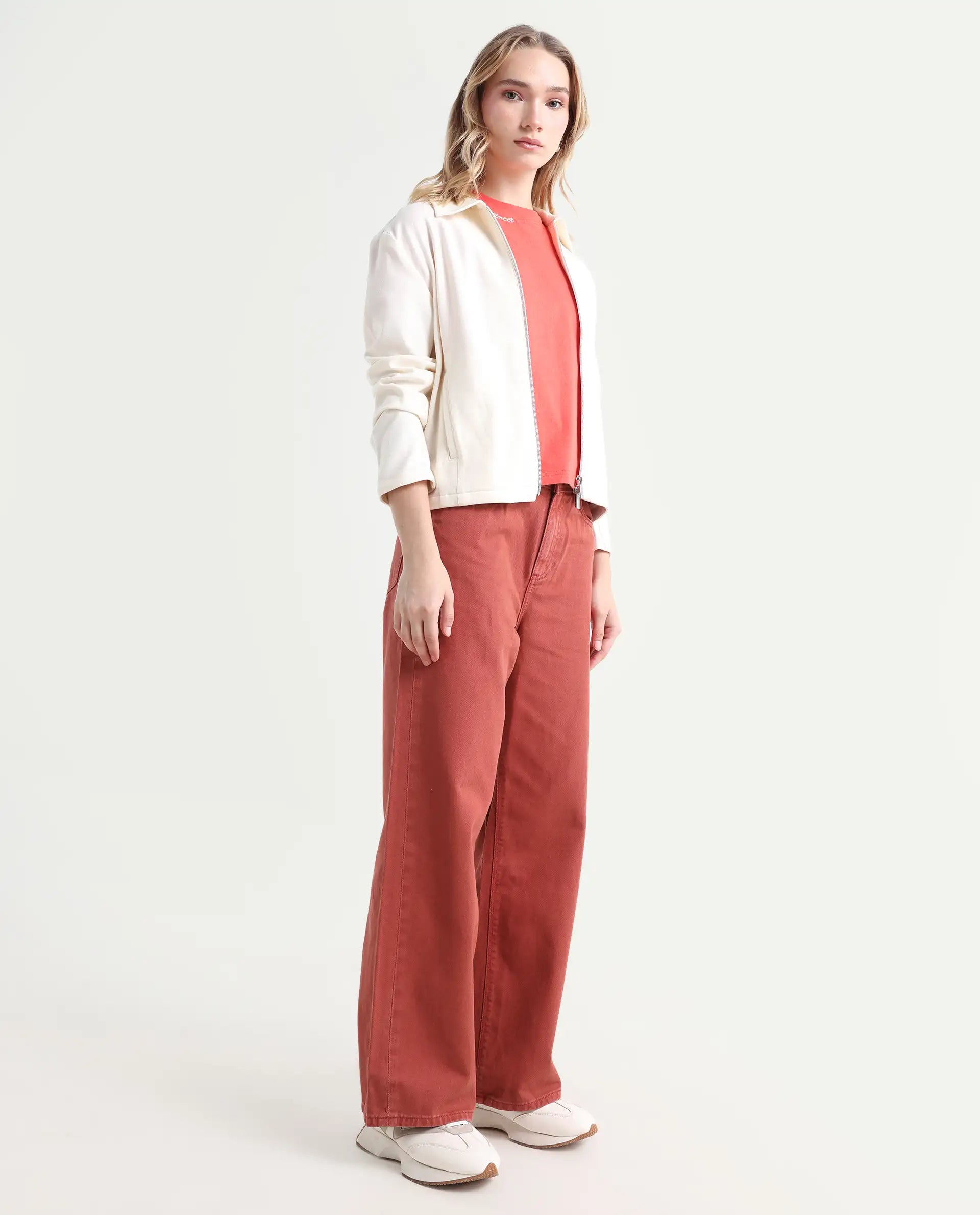 Rareism Women's Nufes Rust Cotton Wide Ankle Length Plain Trouser