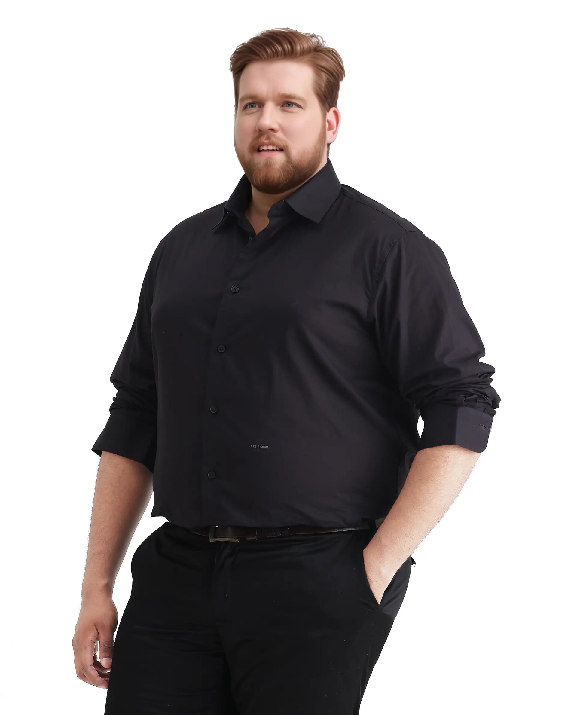 Rare Rabbit Men's Blush Big Black Cotton Fabric Full Sleeve Collared Neck Plain Shirt