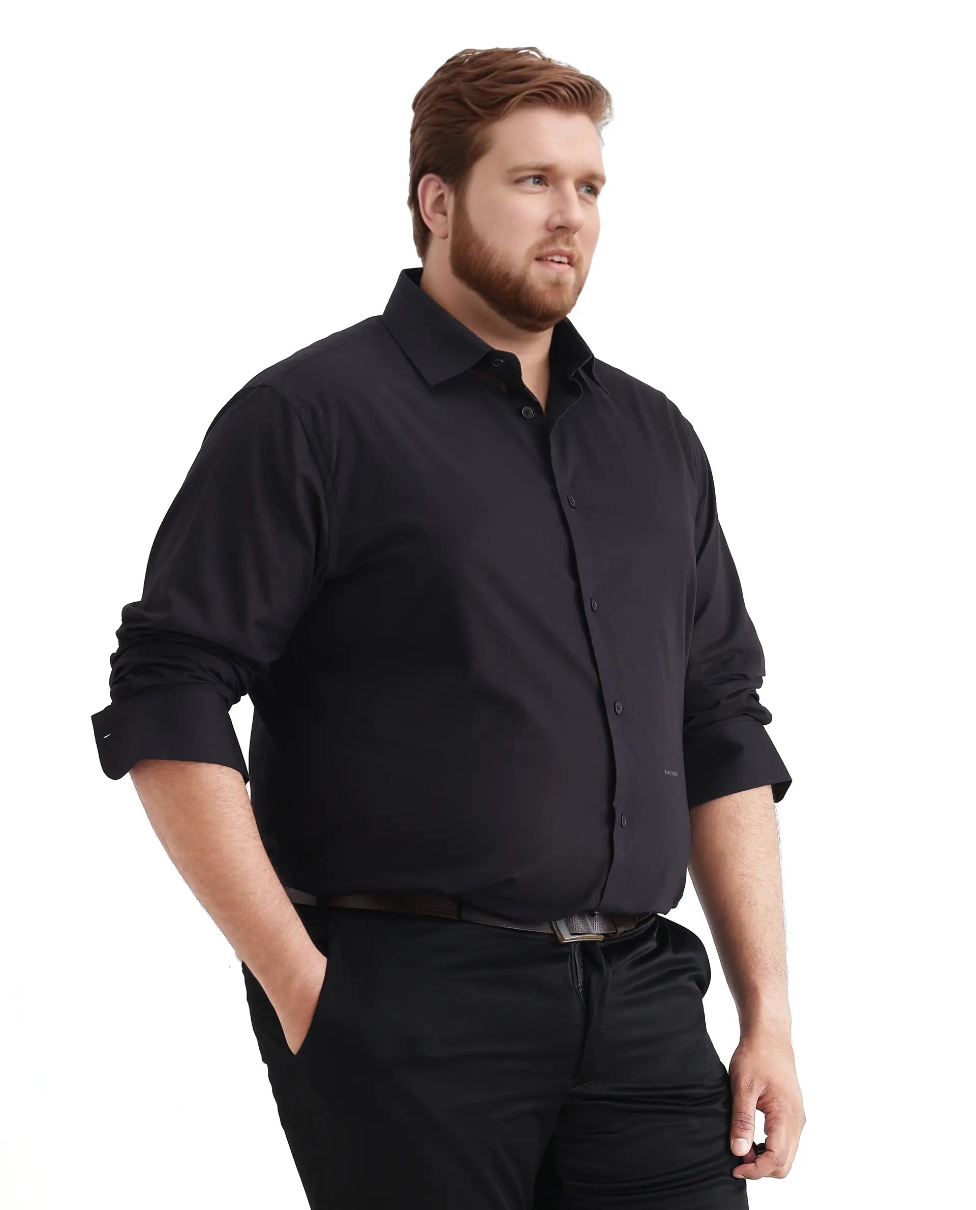 Rare Rabbit Men's Blush Big Black Cotton Fabric Full Sleeve Collared Neck Plain Shirt