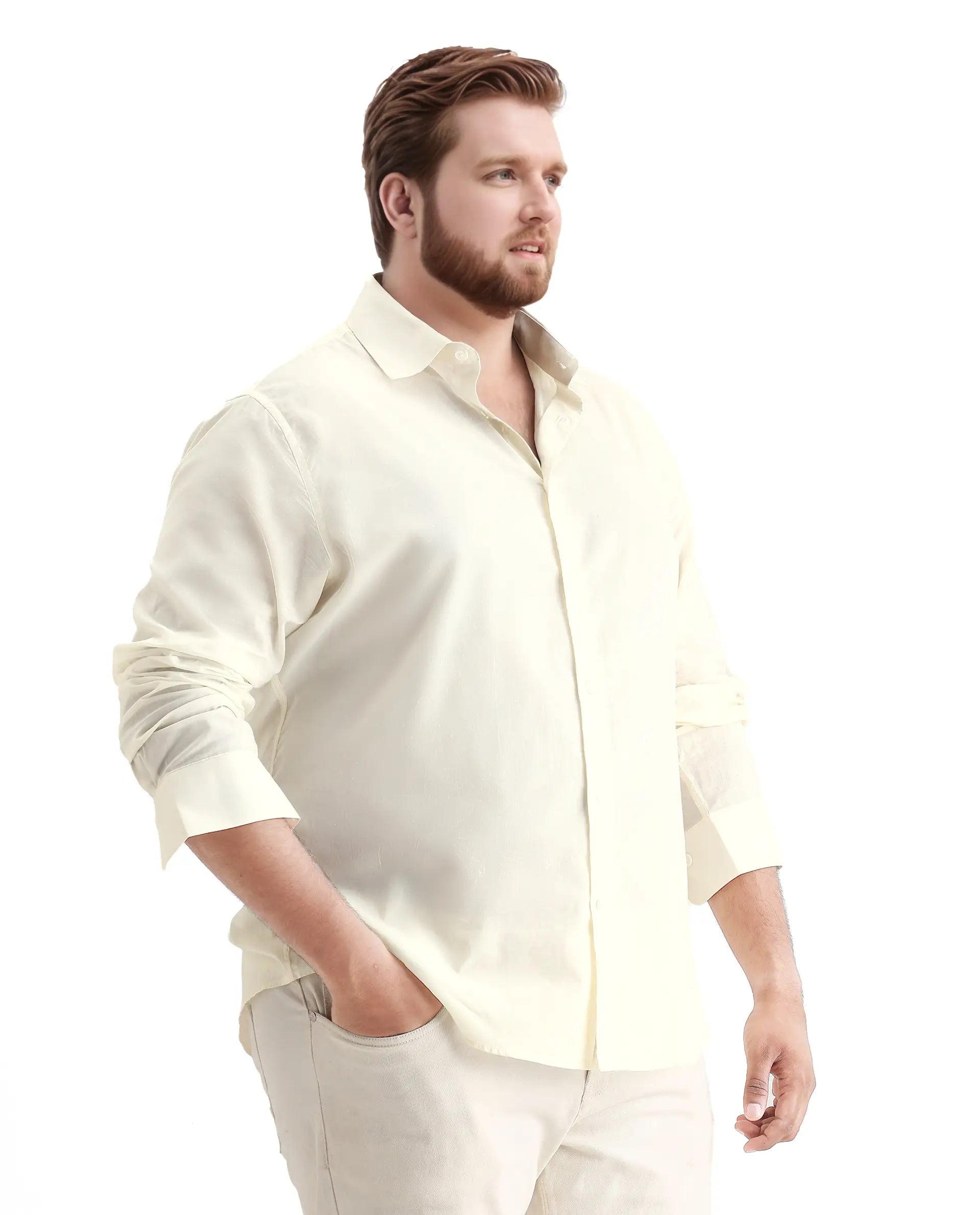 Rare Rabbit Men's Blush Big Off White Cotton Fabric Full Sleeve Collared Neck Plain Shirt