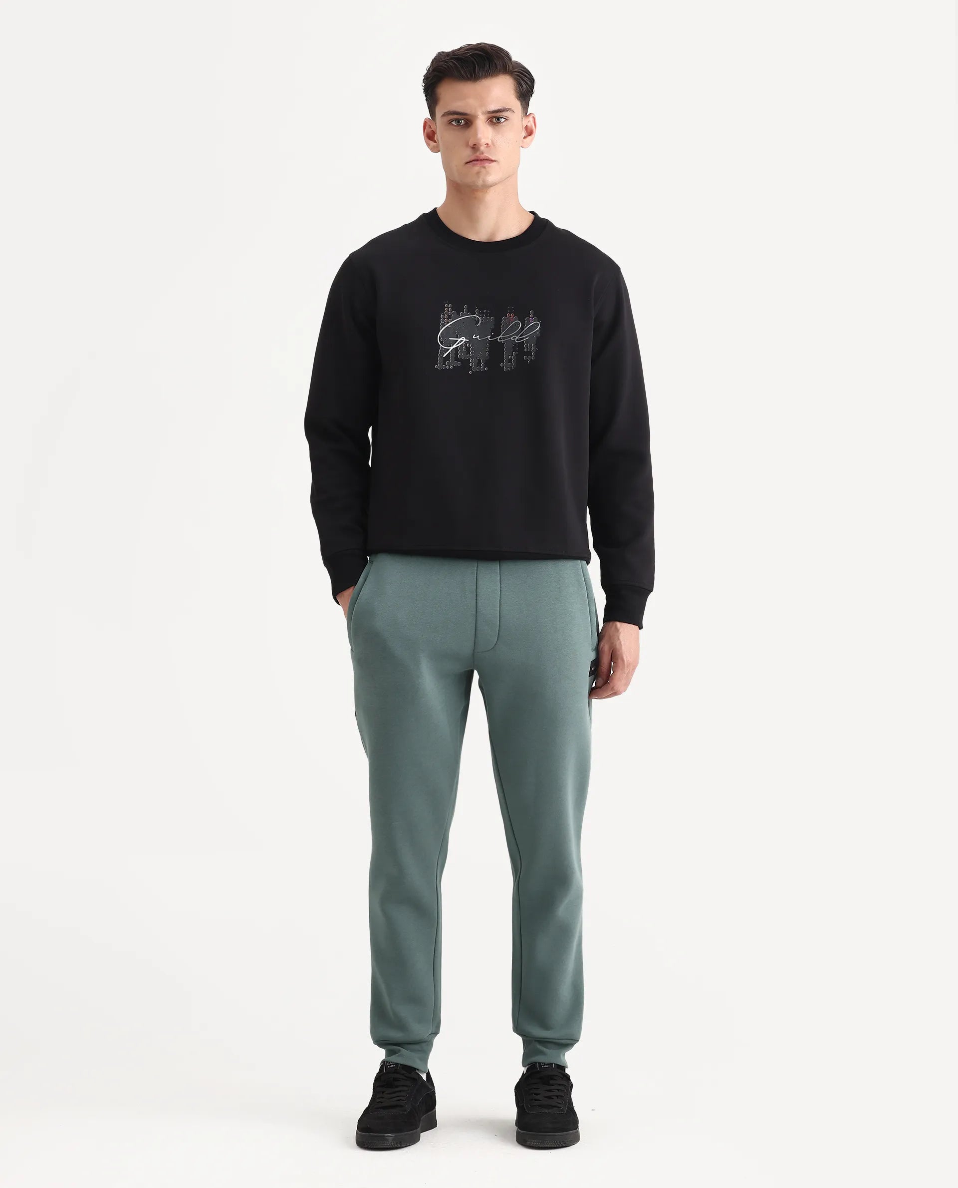 Rare Rabbit Men's Anderson-B25 Dusky Green Cotton Blend Fabric Regular Fit Badge Print Joggers