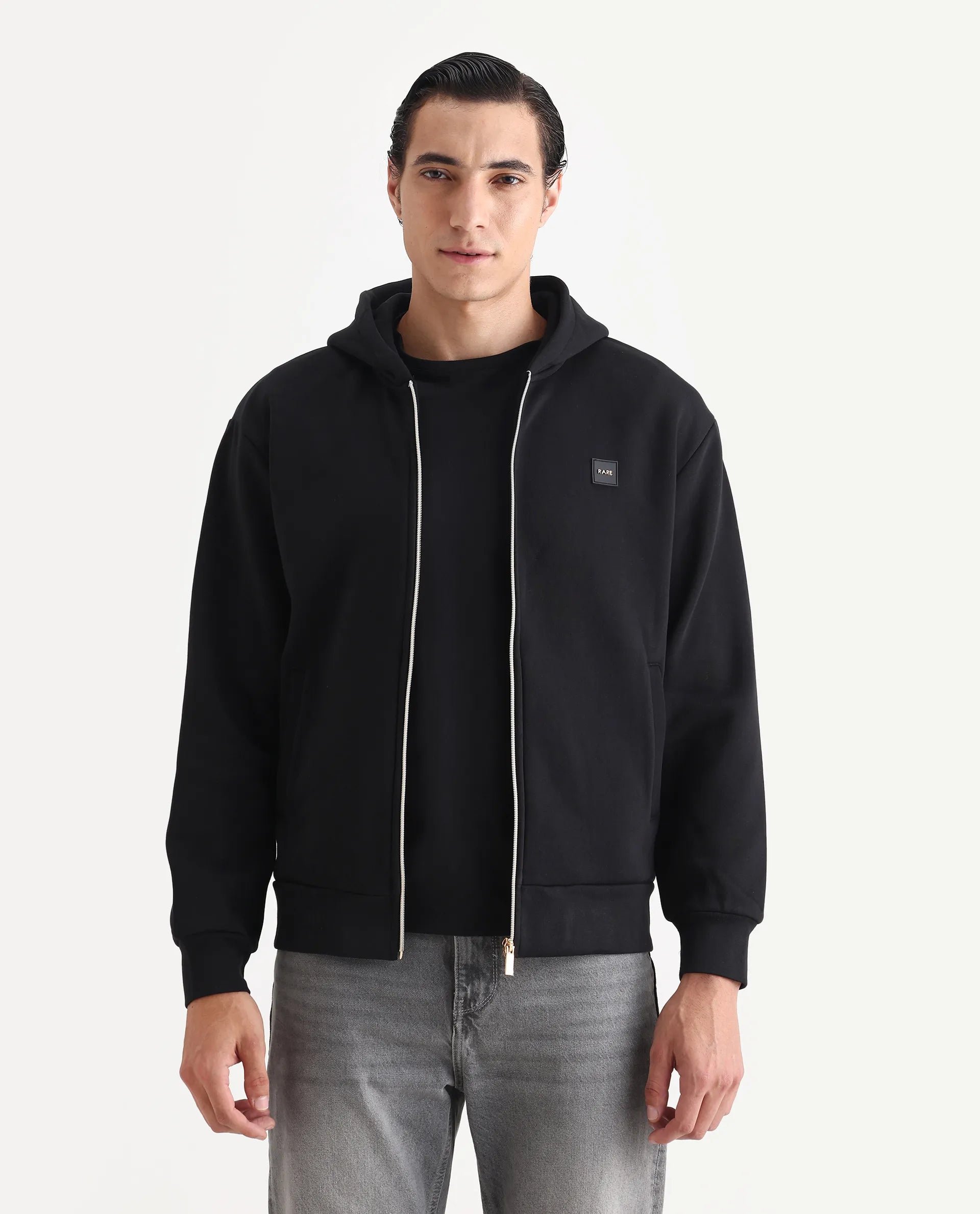 Rare Rabbit Men's Anderson-T25 Black Cotton Blend Plain Relaxed Fit Full Sleeve Hooded Sweatshirt