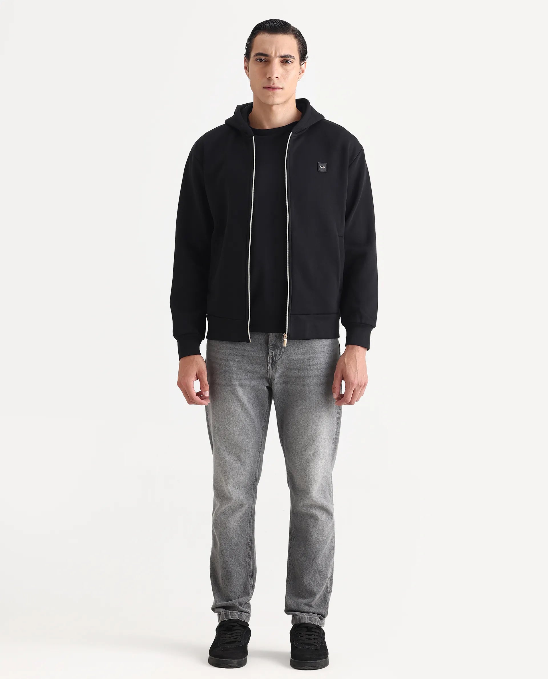 Rare Rabbit Men's Anderson-T25 Black Cotton Blend Plain Relaxed Fit Full Sleeve Hooded Sweatshirt