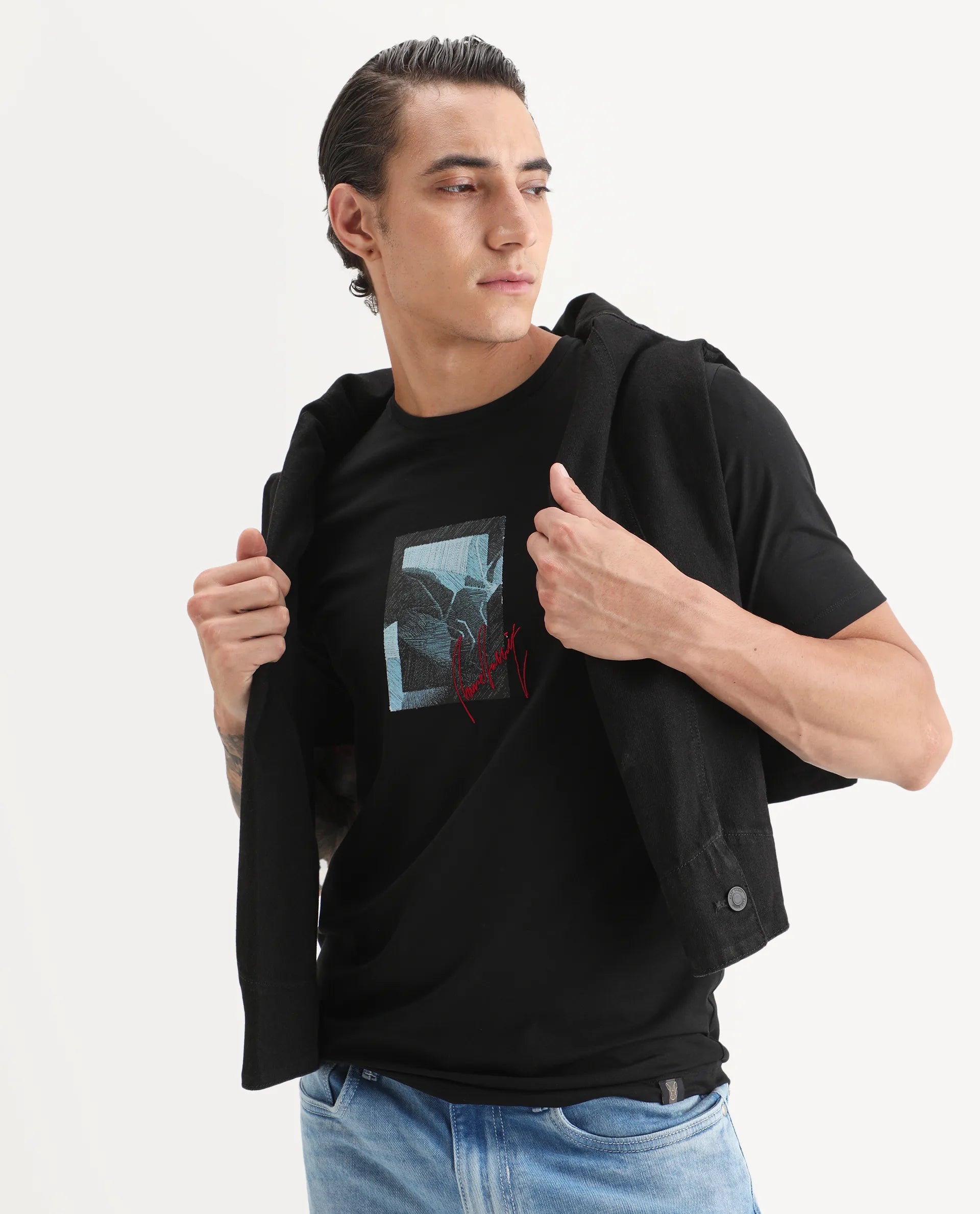 Rare Rabbit Men's Ekro Black Cotton Blend Fabric Short Sleeve Crew Neck Graphic Print T-Shirt