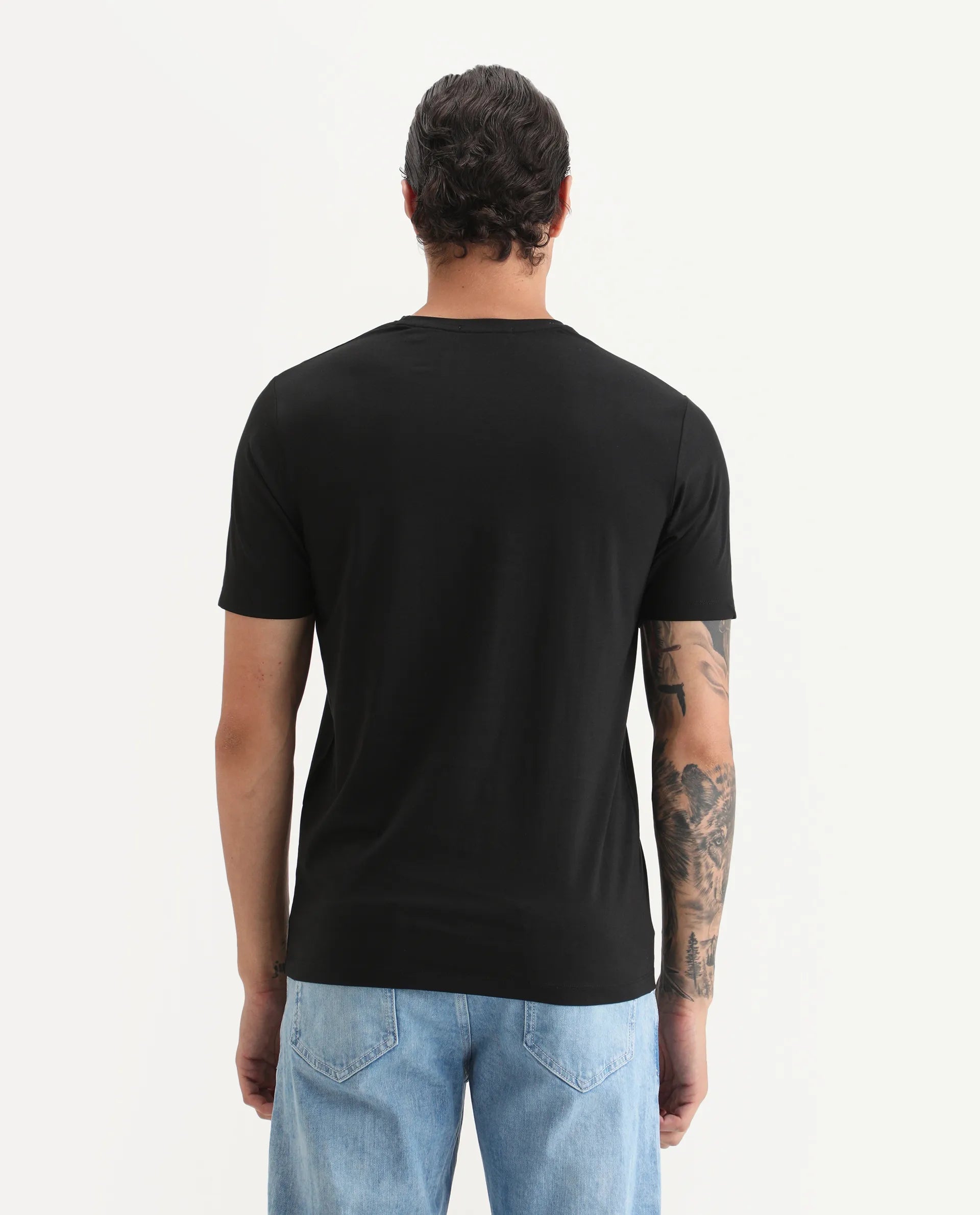 Rare Rabbit Men's Ekro Black Cotton Blend Fabric Short Sleeve Crew Neck Graphic Print T-Shirt