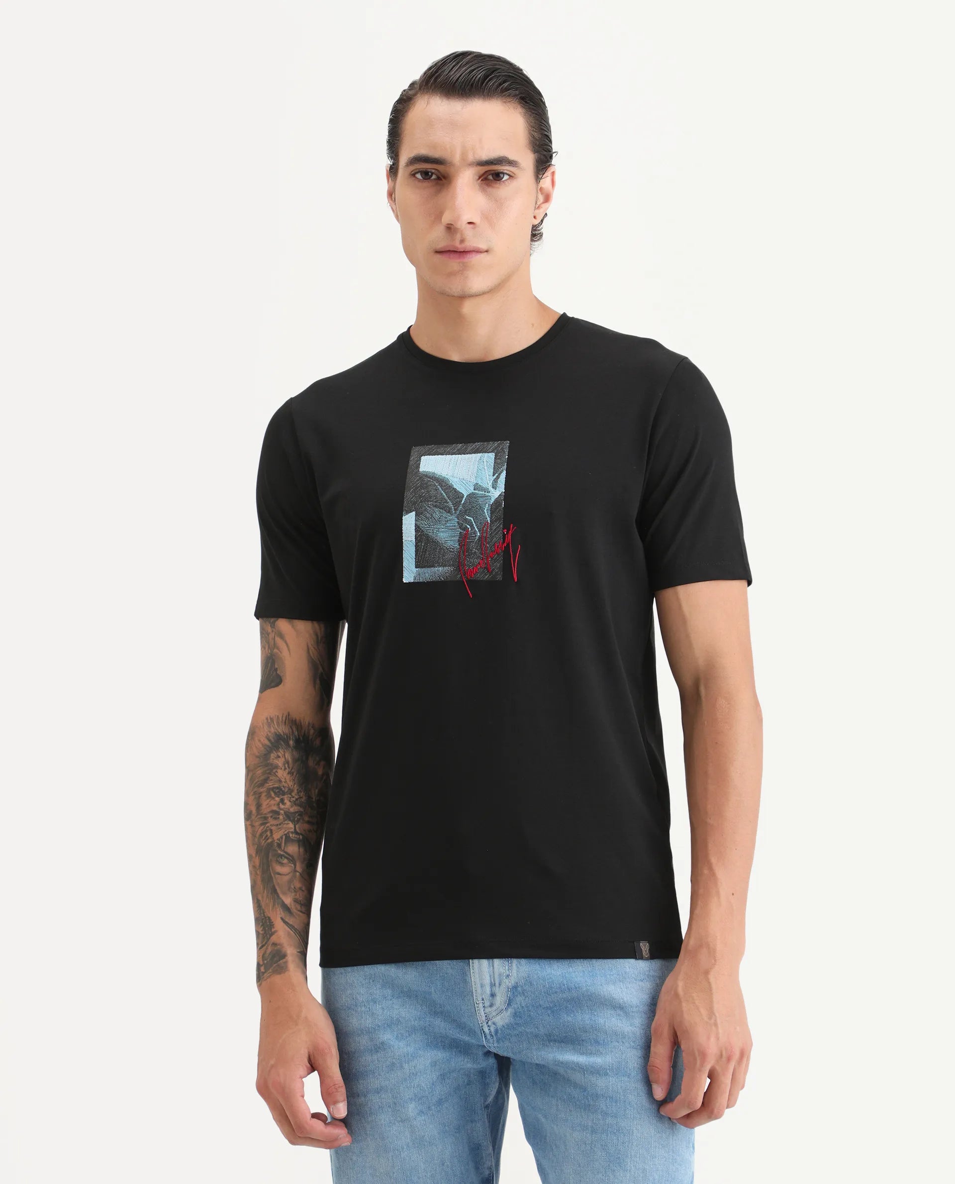 Rare Rabbit Men's Ekro Black Cotton Blend Fabric Short Sleeve Crew Neck Graphic Print T-Shirt
