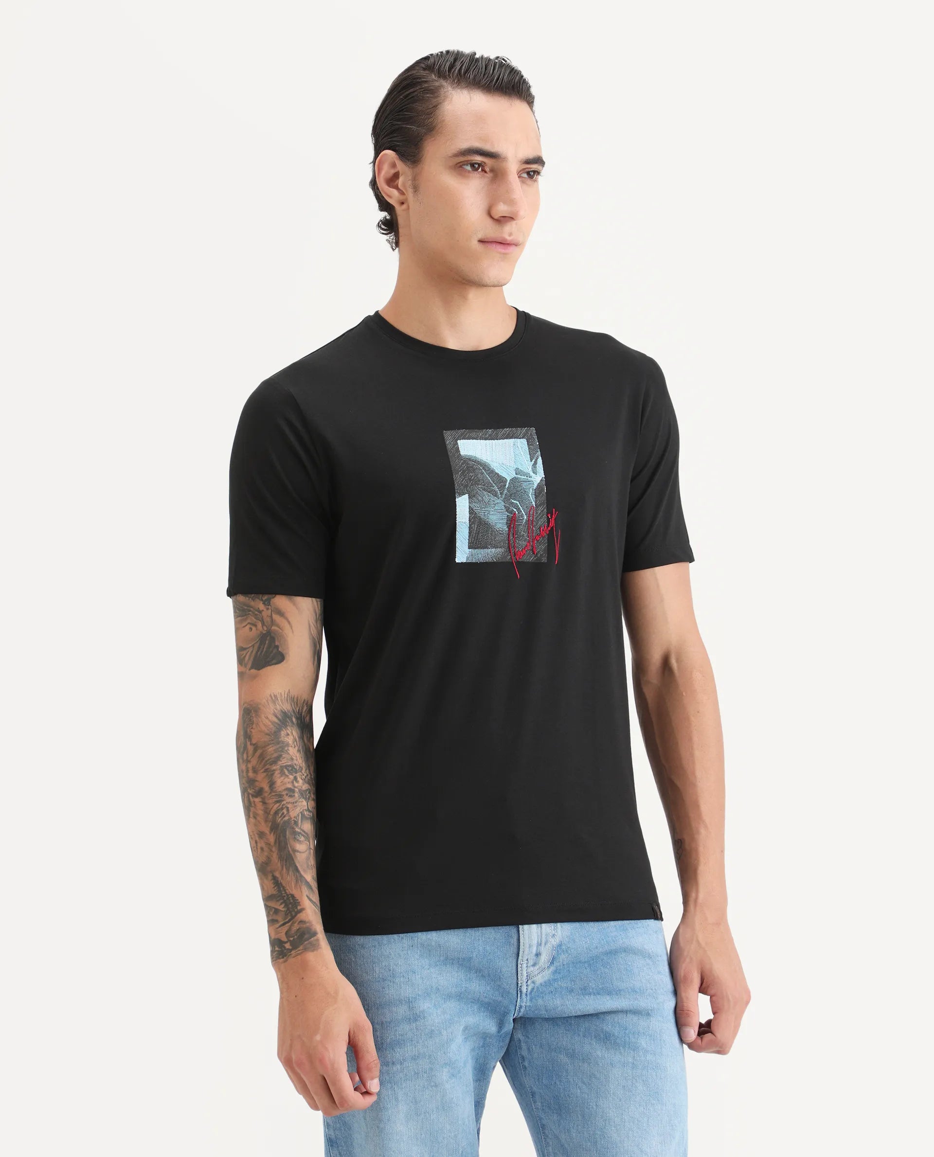 Rare Rabbit Men's Ekro Black Cotton Blend Fabric Short Sleeve Crew Neck Graphic Print T-Shirt