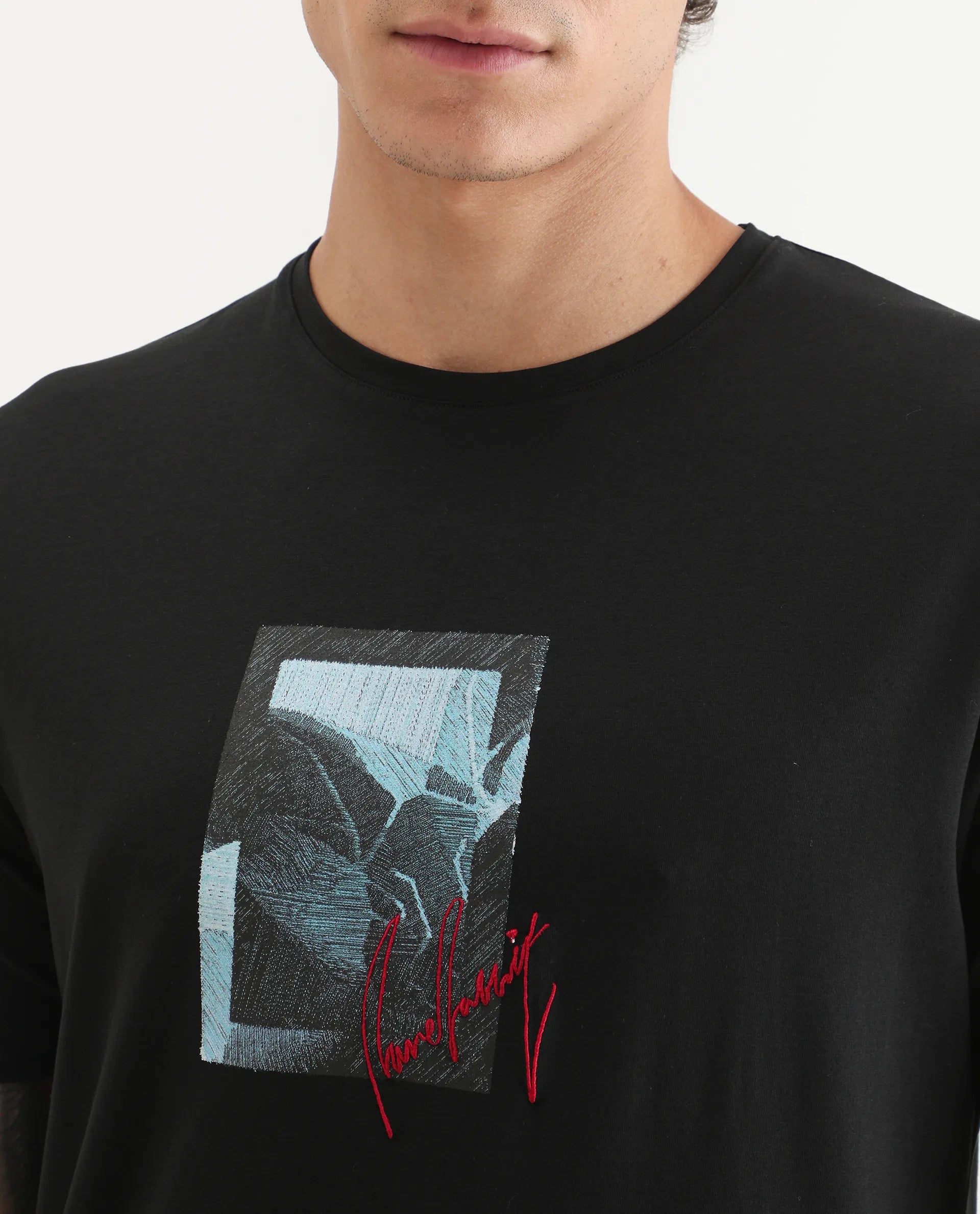 Rare Rabbit Men's Ekro Black Cotton Blend Fabric Short Sleeve Crew Neck Graphic Print T-Shirt