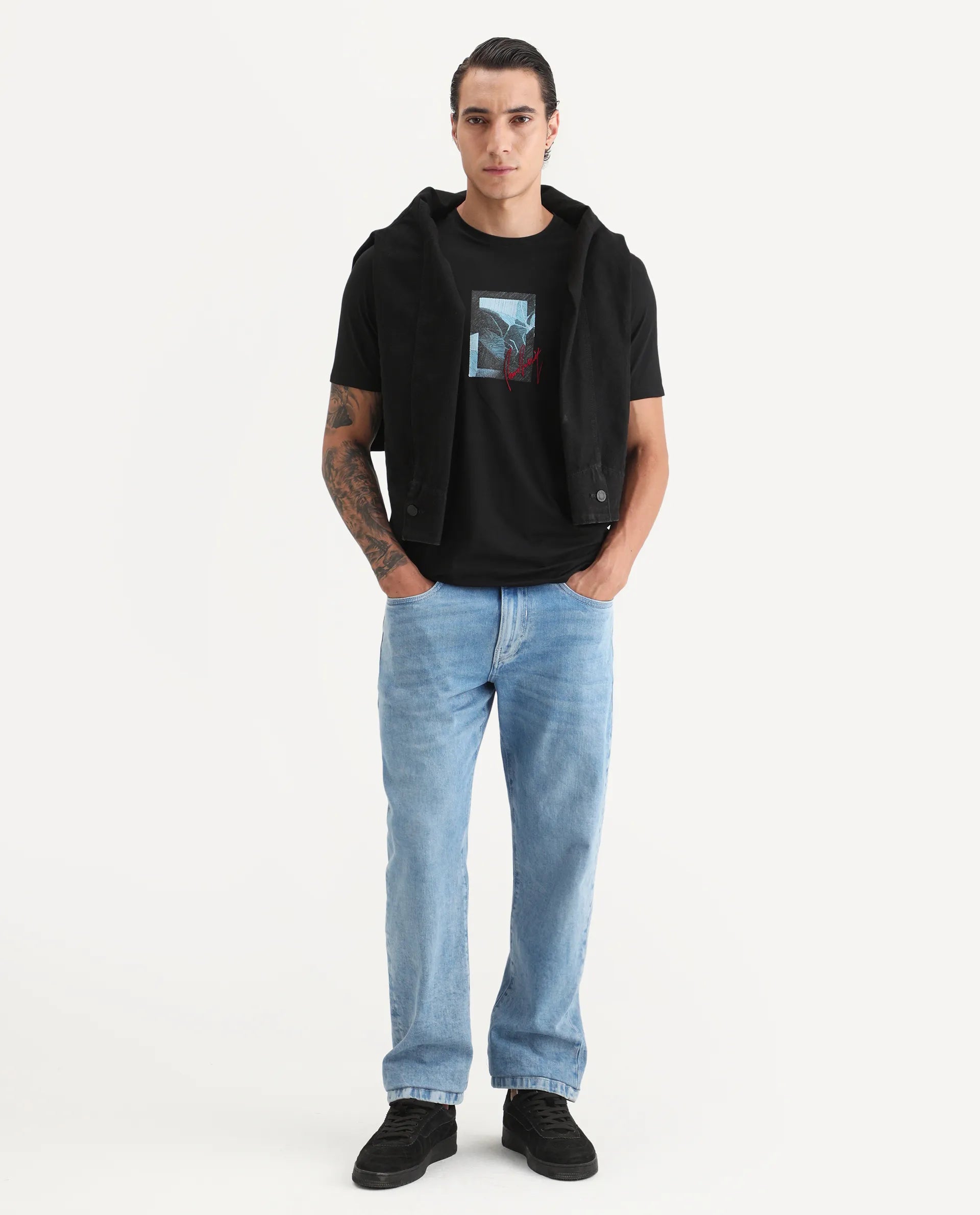Rare Rabbit Men's Ekro Black Cotton Blend Fabric Short Sleeve Crew Neck Graphic Print T-Shirt
