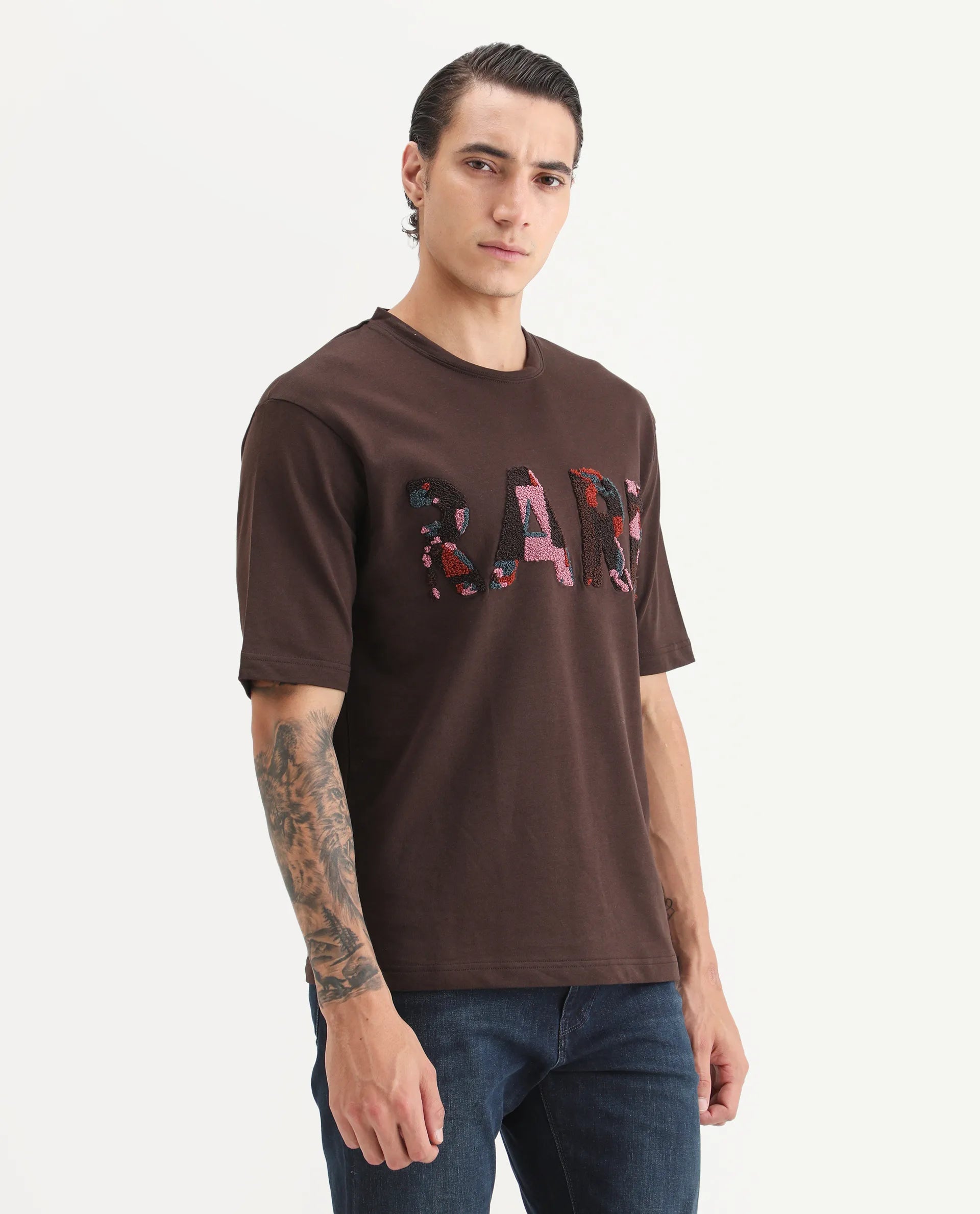 Rare Rabbit Men's Erfe Dark Brown Cotton Fabric Short Sleeve Crew Neck Oversized Fit Graphic Print T-Shirt