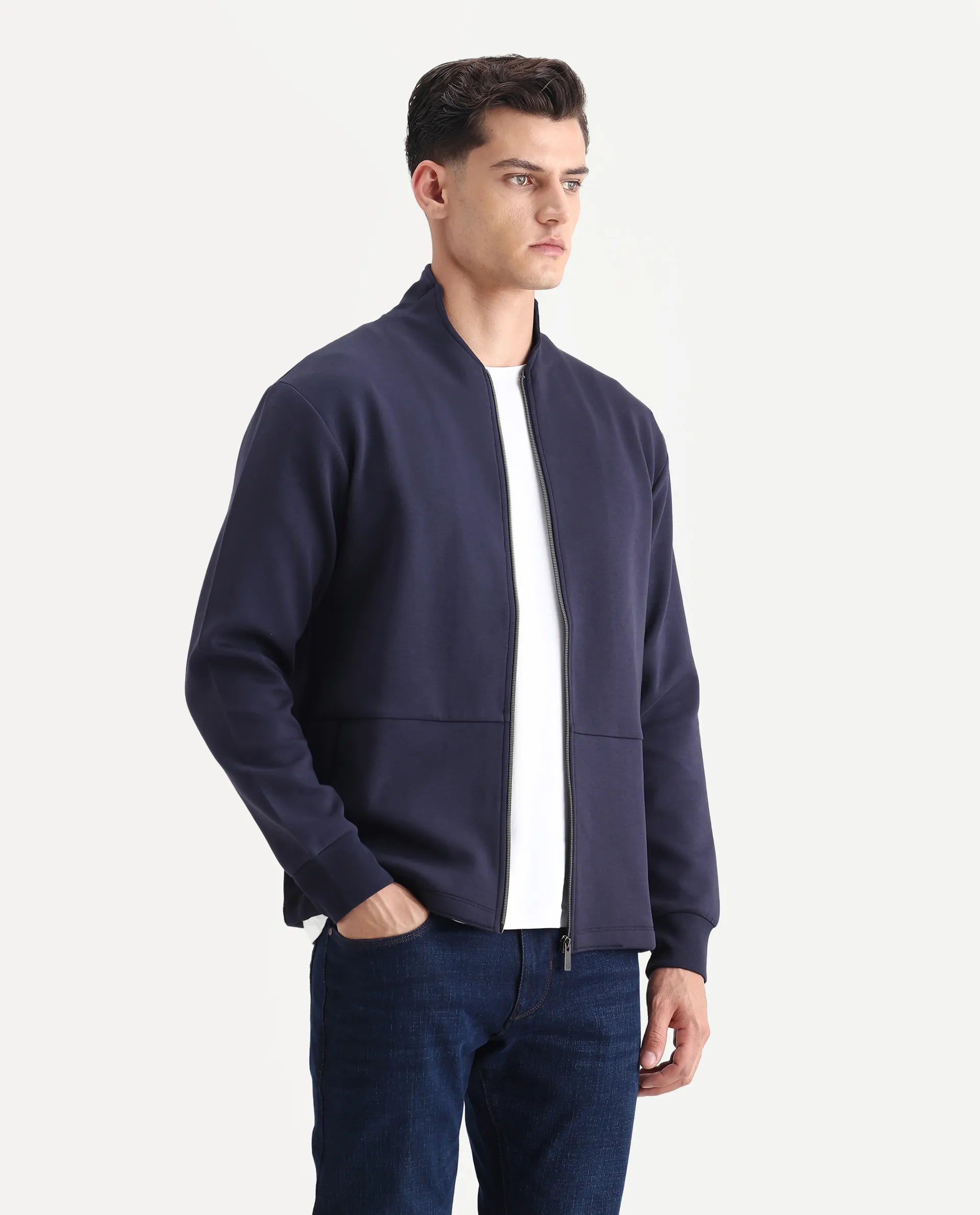 Rare Rabbit Men's Kemo Dark Navy Cotton Blend Plain Regular Fit Full Sleeve High Neck Sweatshirt