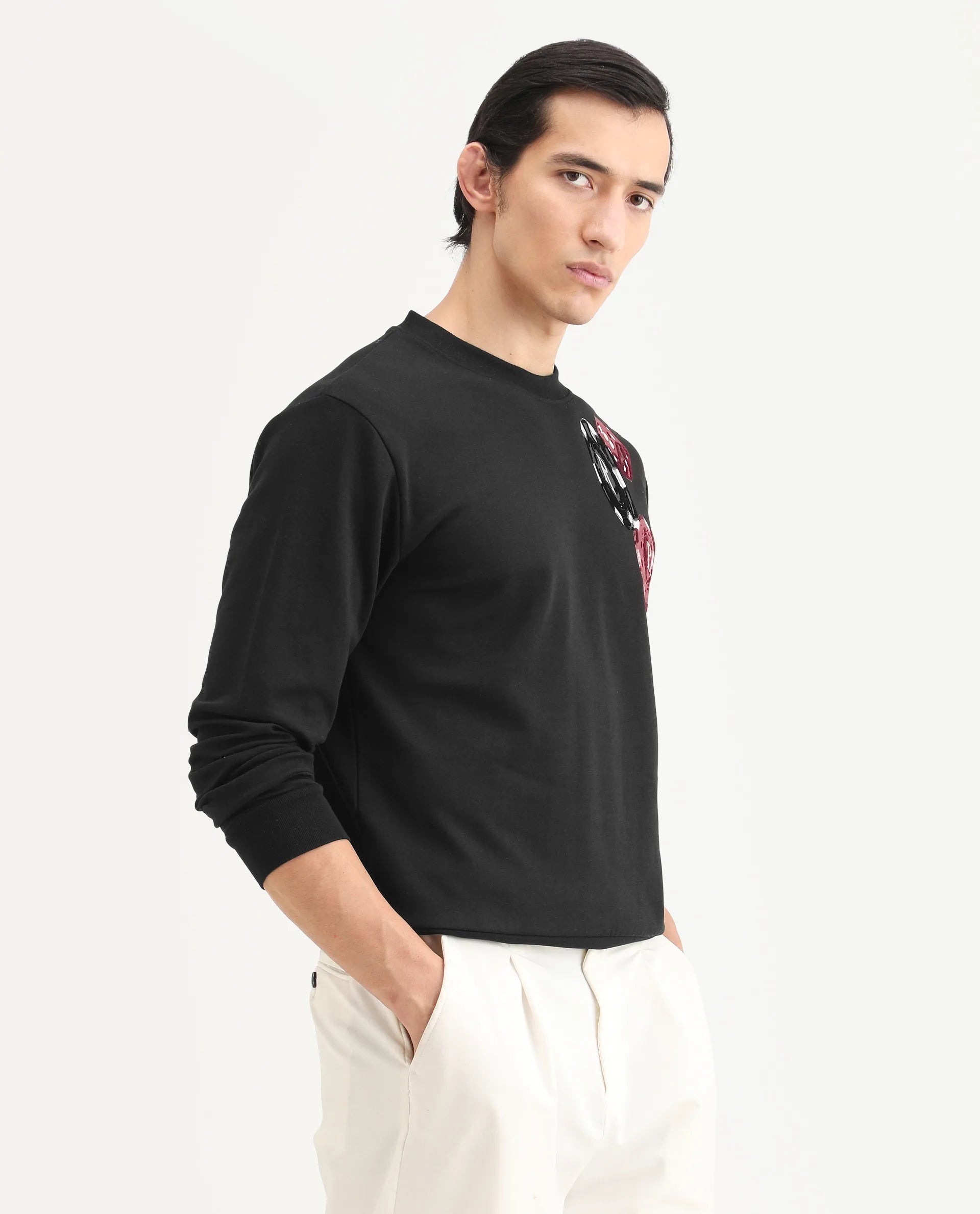 Rare Rabbit Men's Lyra Black Cotton Blend Graphic Print Regular Fit Full Sleeve Crew Neck Sweatshirt