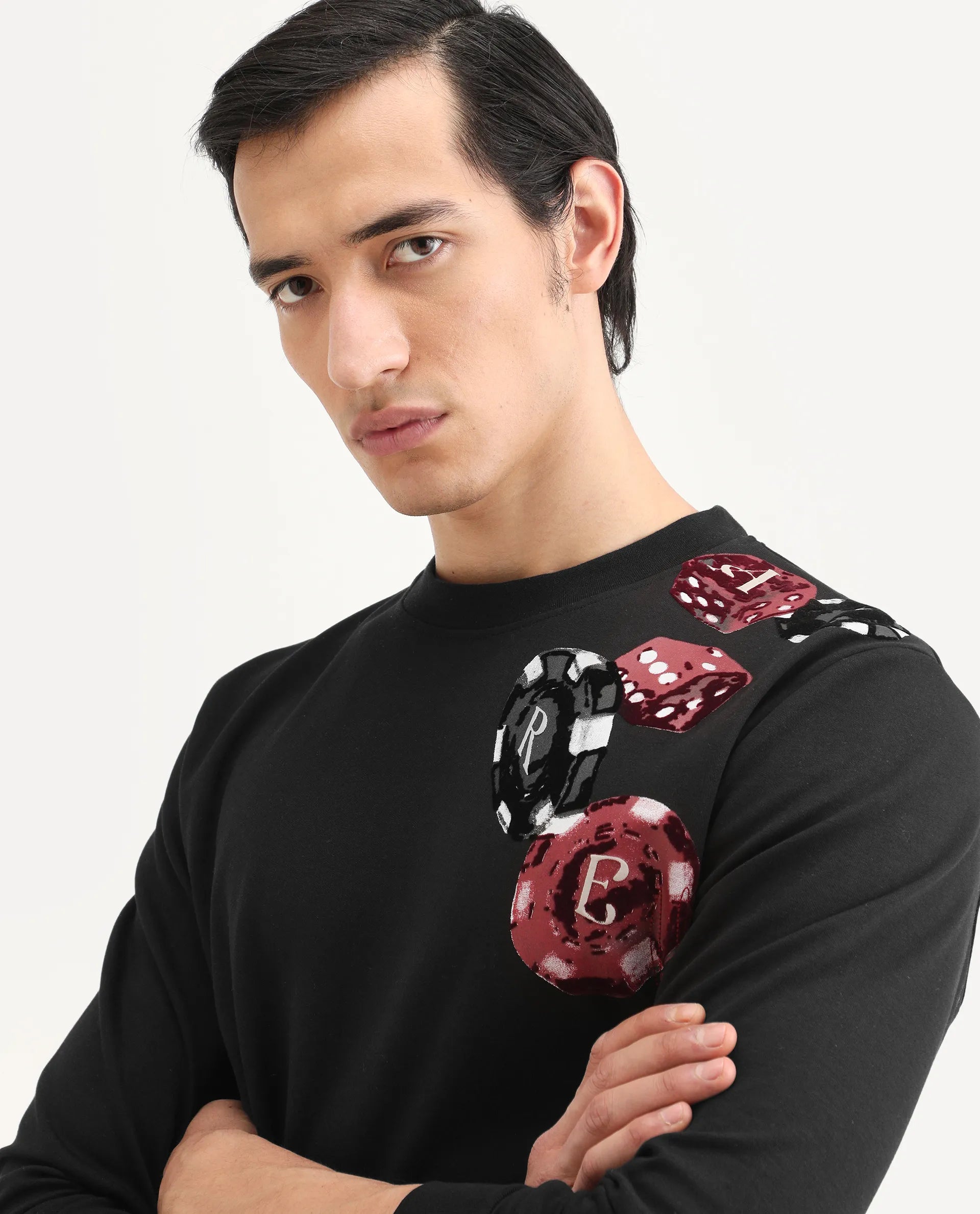 Rare Rabbit Men's Lyra Black Cotton Blend Graphic Print Regular Fit Full Sleeve Crew Neck Sweatshirt