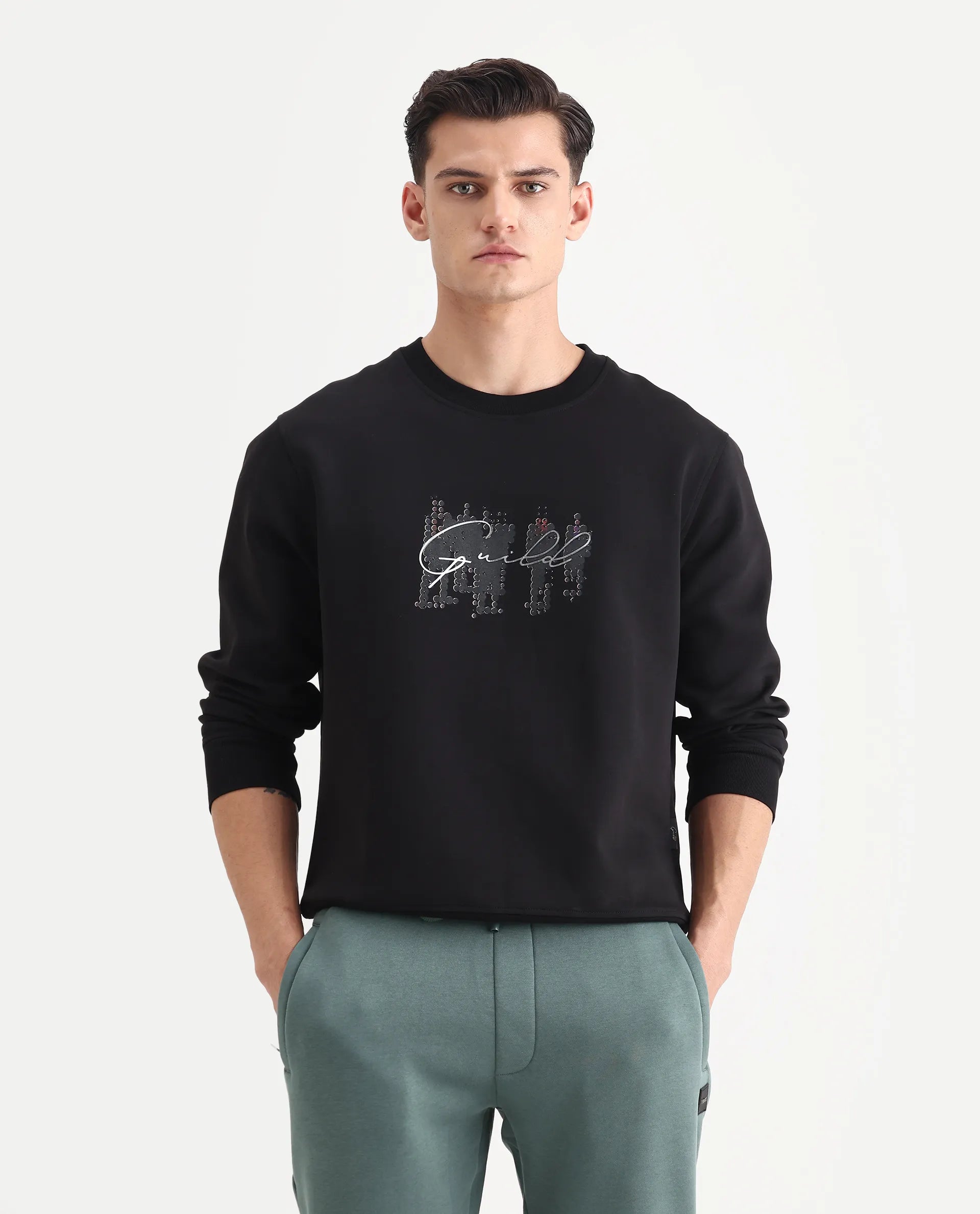 Rare Rabbit Men's Tive Black Cotton Blend Graphic Print Regular Fit Full Sleeve Crew Neck Sweatshirt