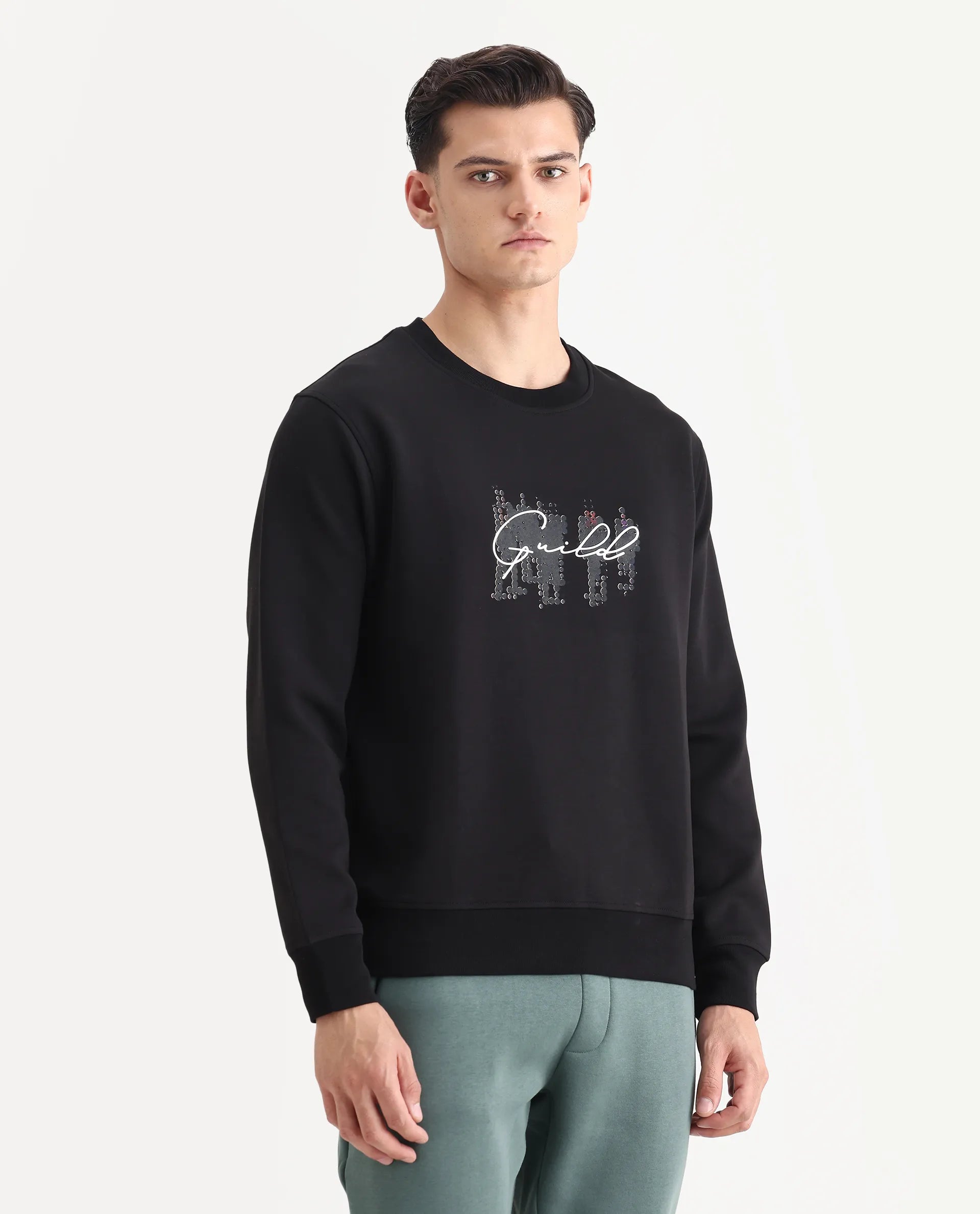 Rare Rabbit Men's Tive Black Cotton Blend Graphic Print Regular Fit Full Sleeve Crew Neck Sweatshirt