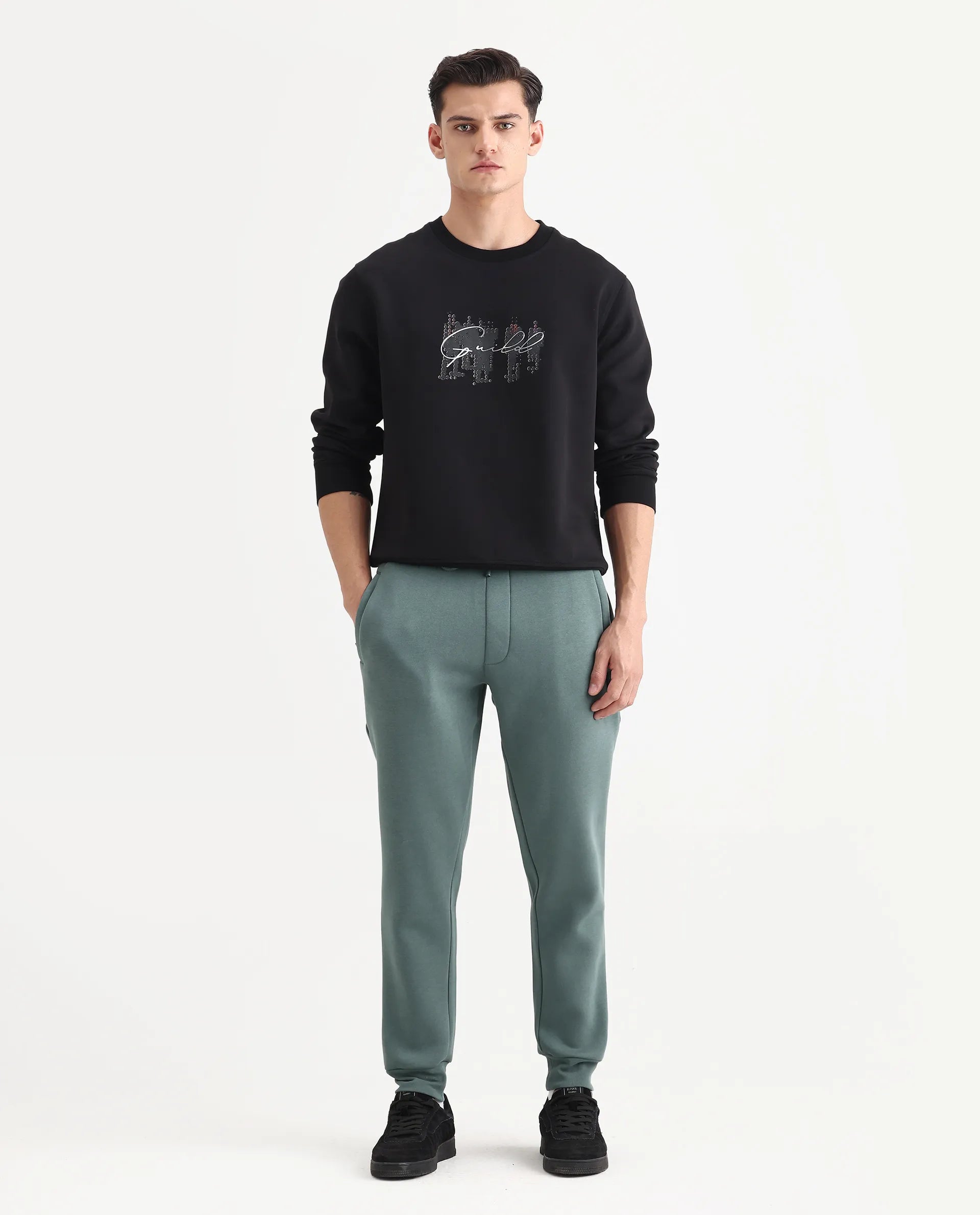 Rare Rabbit Men's Tive Black Cotton Blend Graphic Print Regular Fit Full Sleeve Crew Neck Sweatshirt