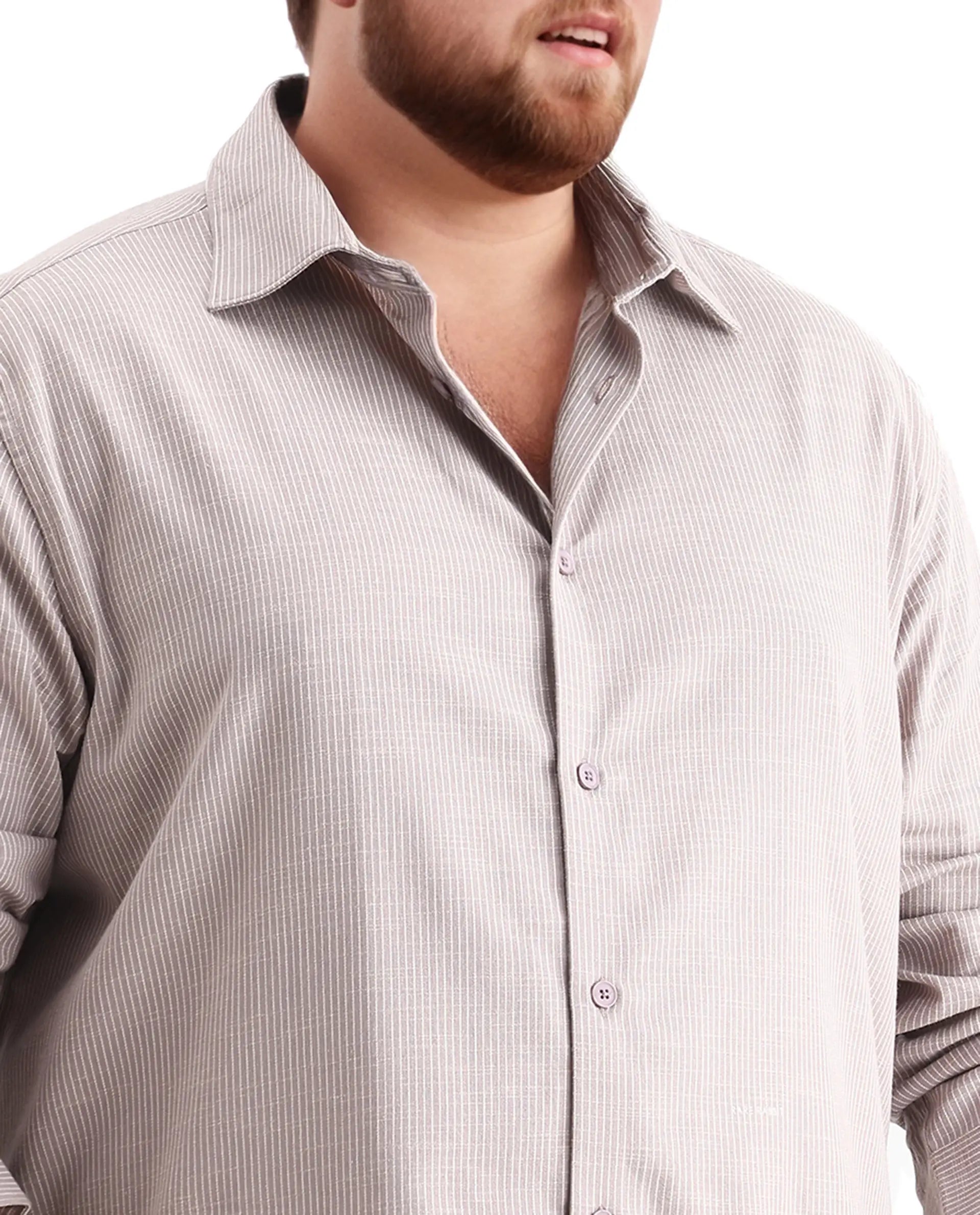 Rare Rabbit Men's Brot Big Light Brown Cotton Fabric Full Sleeves Collared Neck Button Closure Striped Shirt