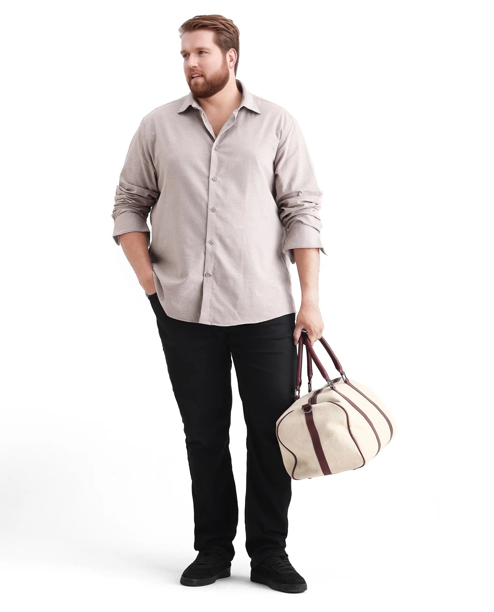 Rare Rabbit Men's Brot Big Light Brown Cotton Fabric Full Sleeves Collared Neck Button Closure Striped Shirt