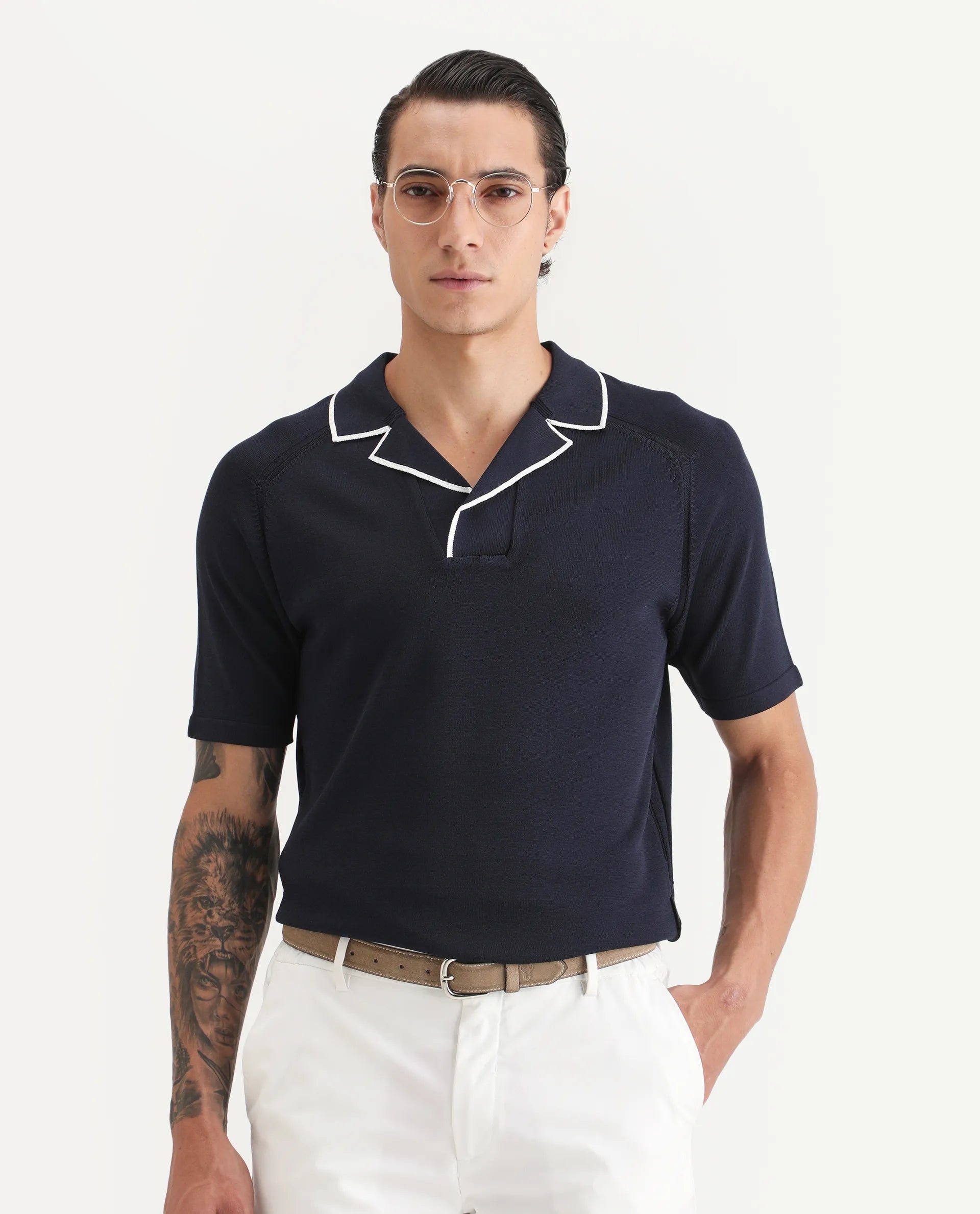 Rare Rabbit Men's Miri Navy Cotton Fabric Sleeveless Collared Neck Plain Polo