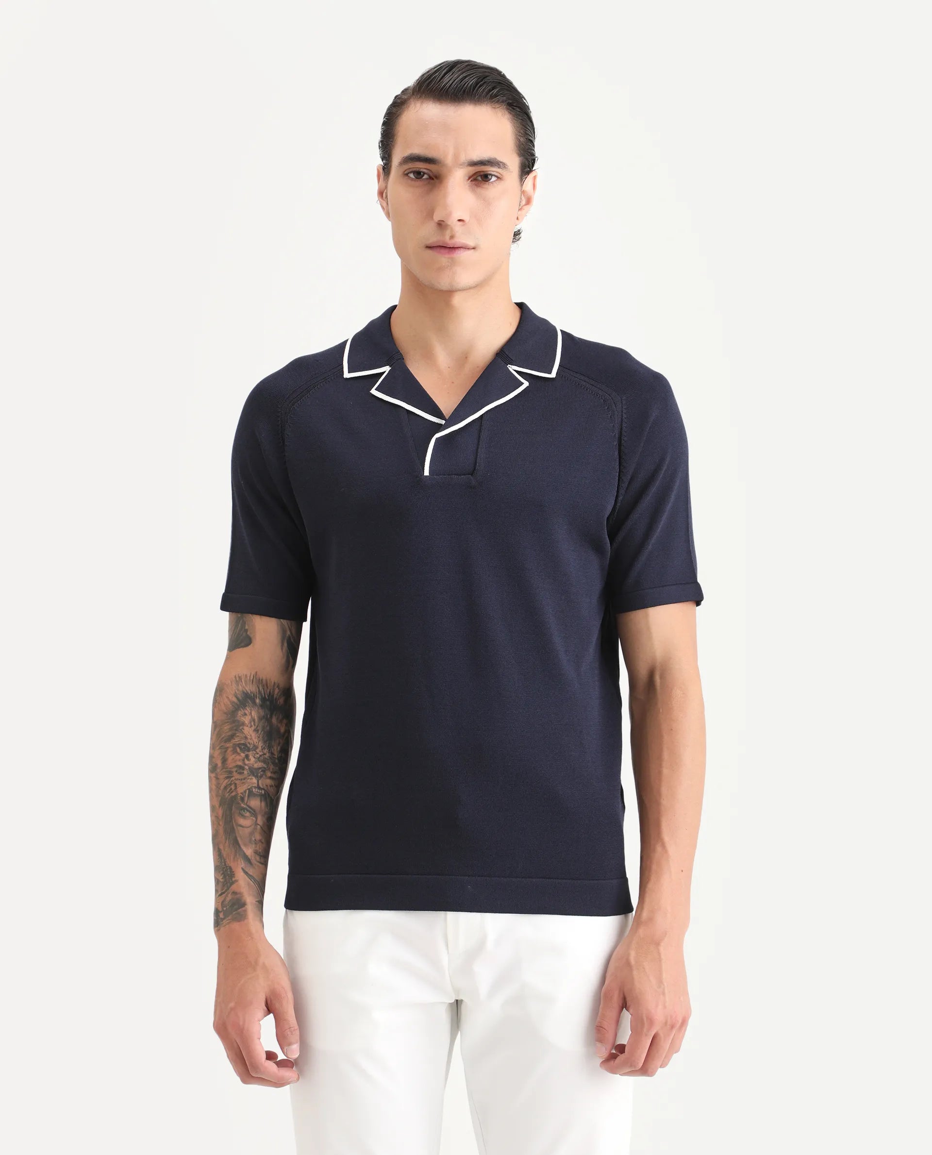 Rare Rabbit Men's Miri Navy Cotton Fabric Sleeveless Collared Neck Plain Polo