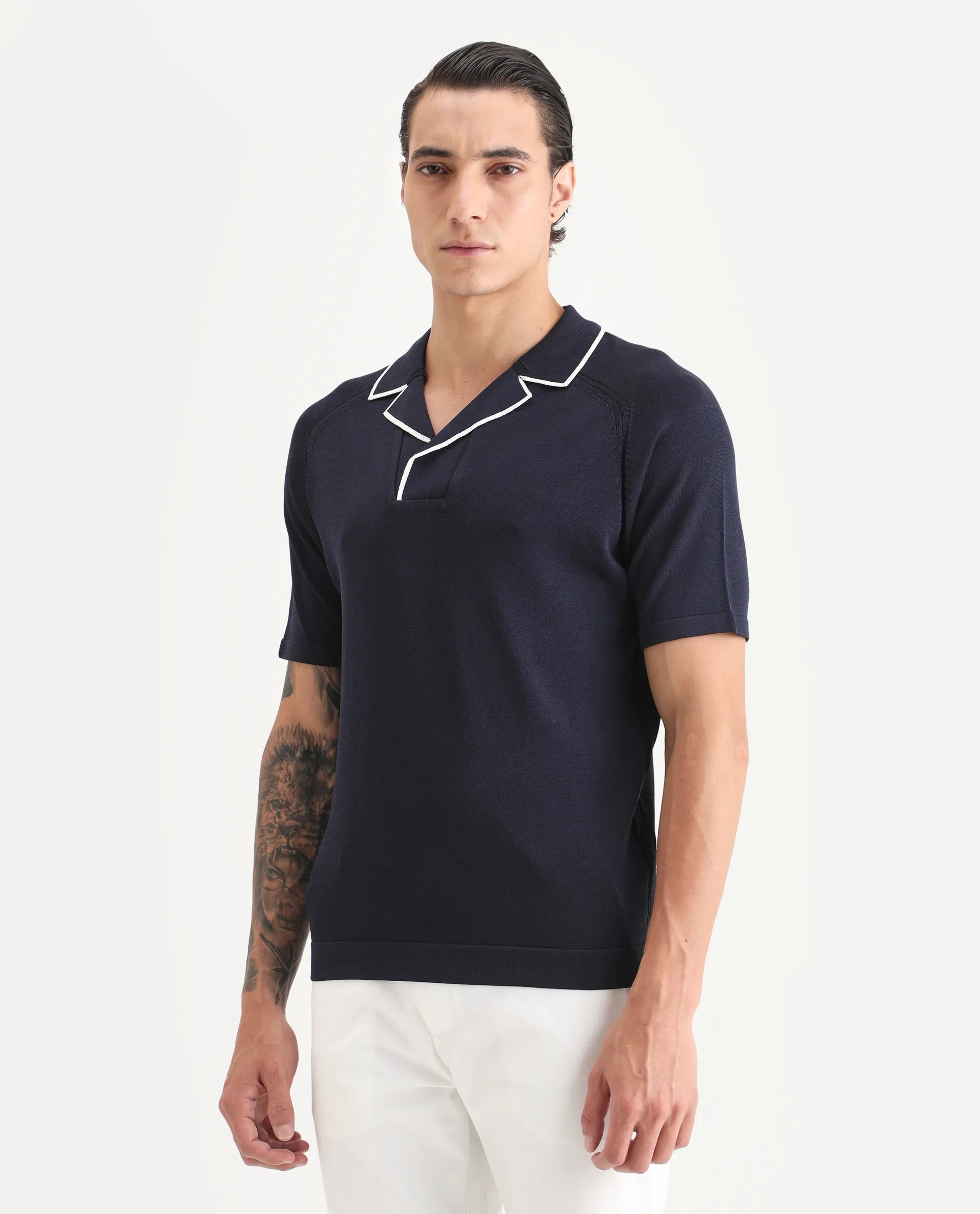 Rare Rabbit Men's Miri Navy Cotton Fabric Sleeveless Collared Neck Plain Polo