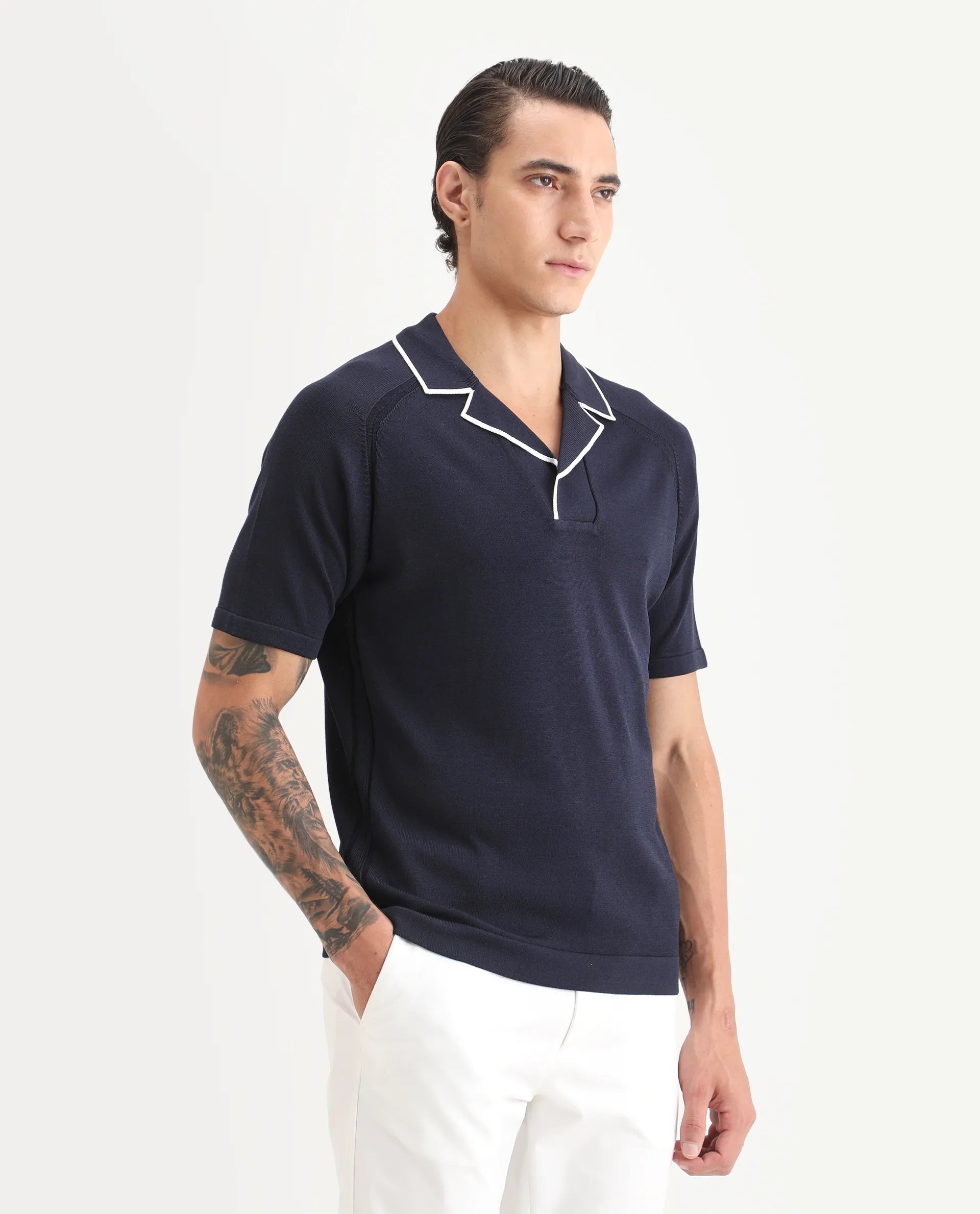 Rare Rabbit Men's Miri Navy Cotton Fabric Sleeveless Collared Neck Plain Polo