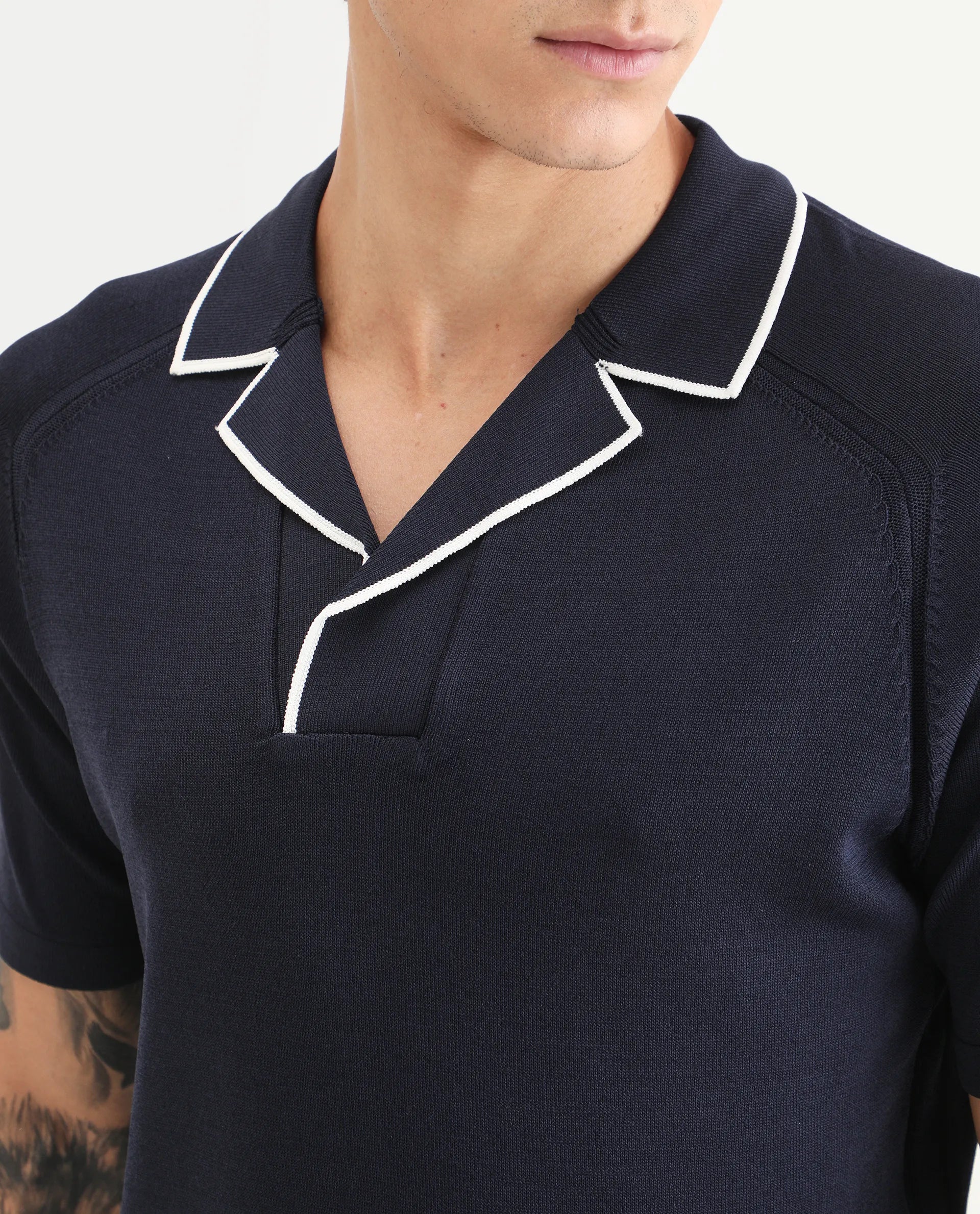 Rare Rabbit Men's Miri Navy Cotton Fabric Sleeveless Collared Neck Plain Polo