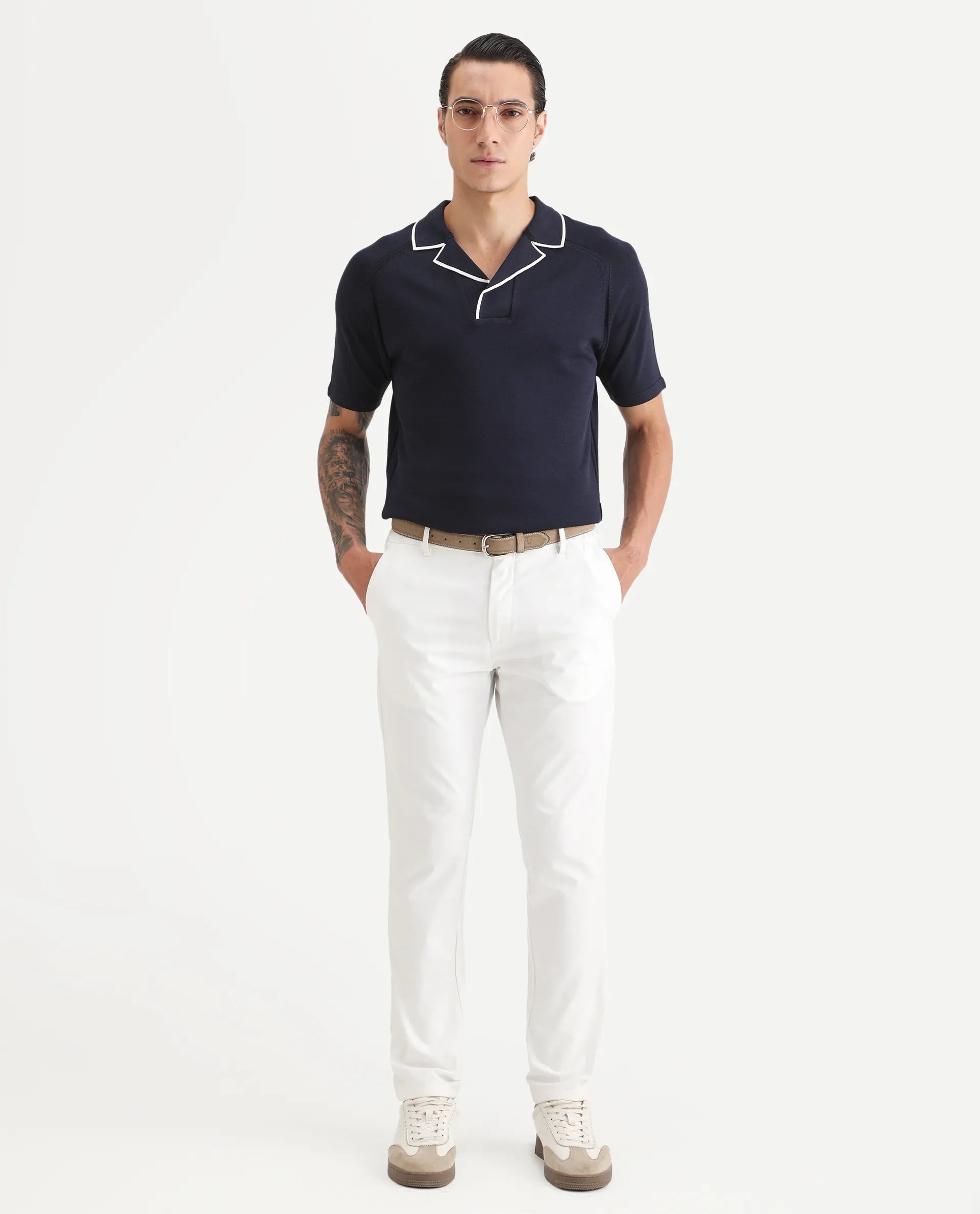 Rare Rabbit Men's Miri Navy Cotton Fabric Sleeveless Collared Neck Plain Polo