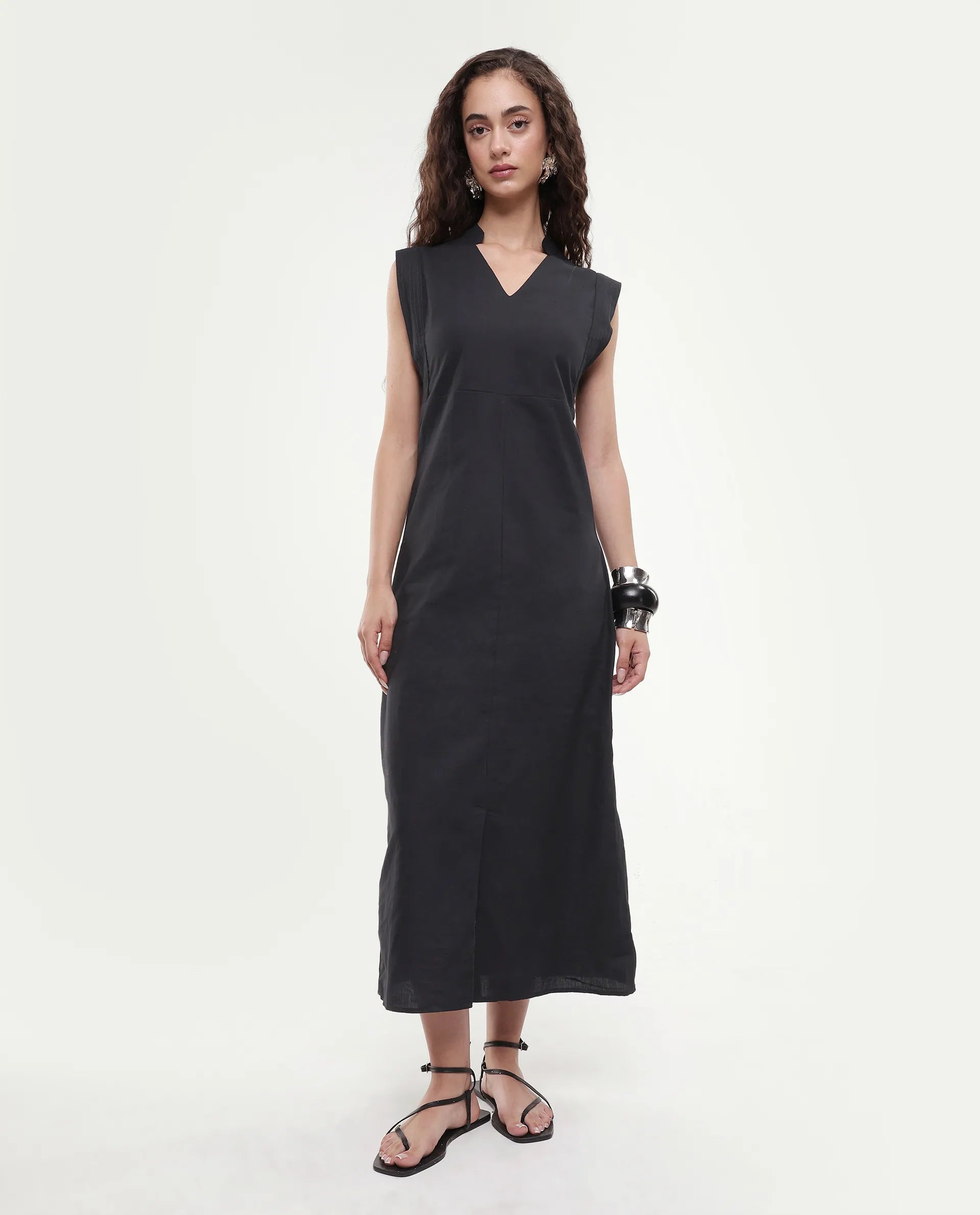 Rareism Women's Jenzo Black Cotton Sleeveless Mandarin Collar Straight Fit Plain Dress