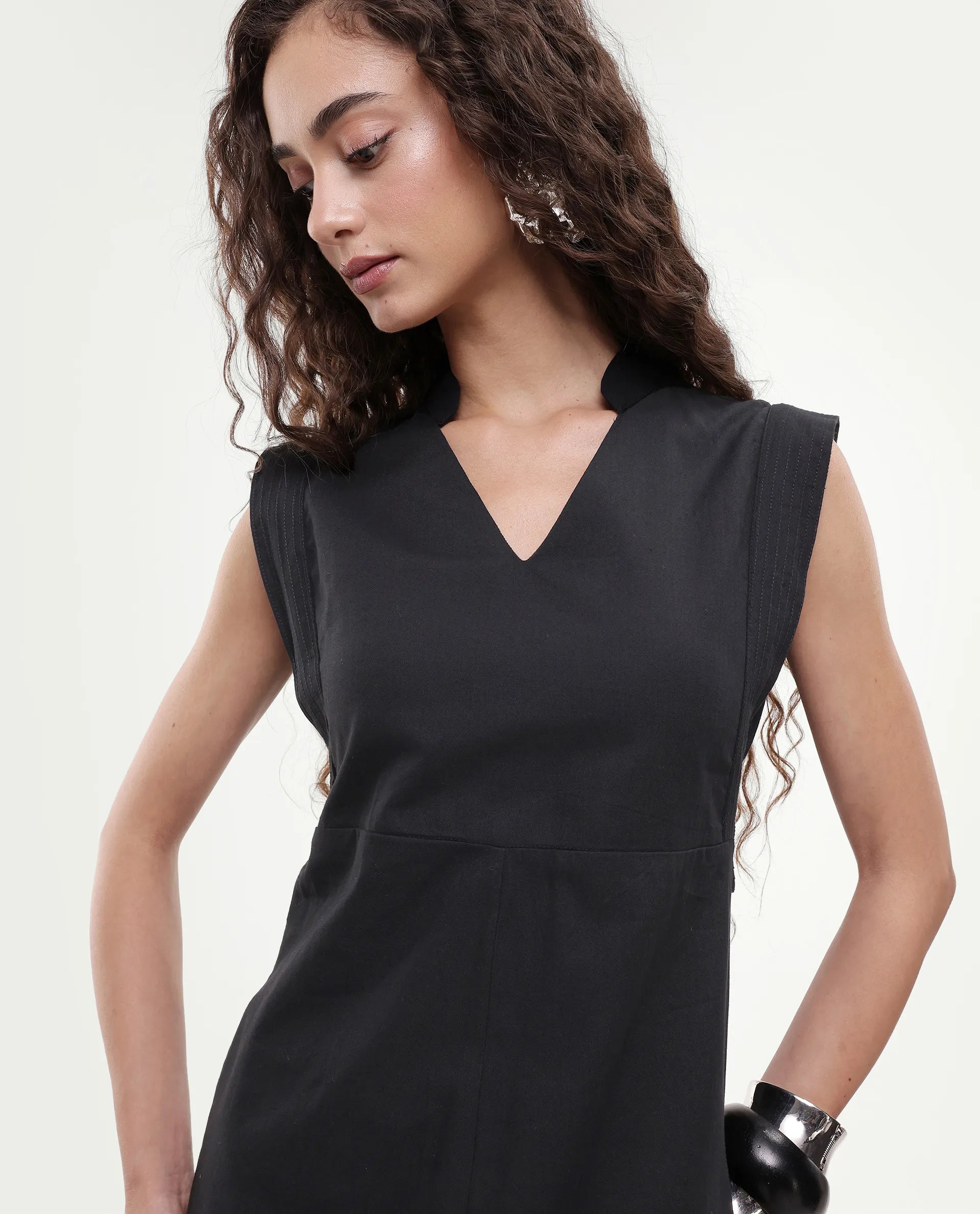 Rareism Women's Jenzo Black Cotton Sleeveless Mandarin Collar Straight Fit Plain Dress