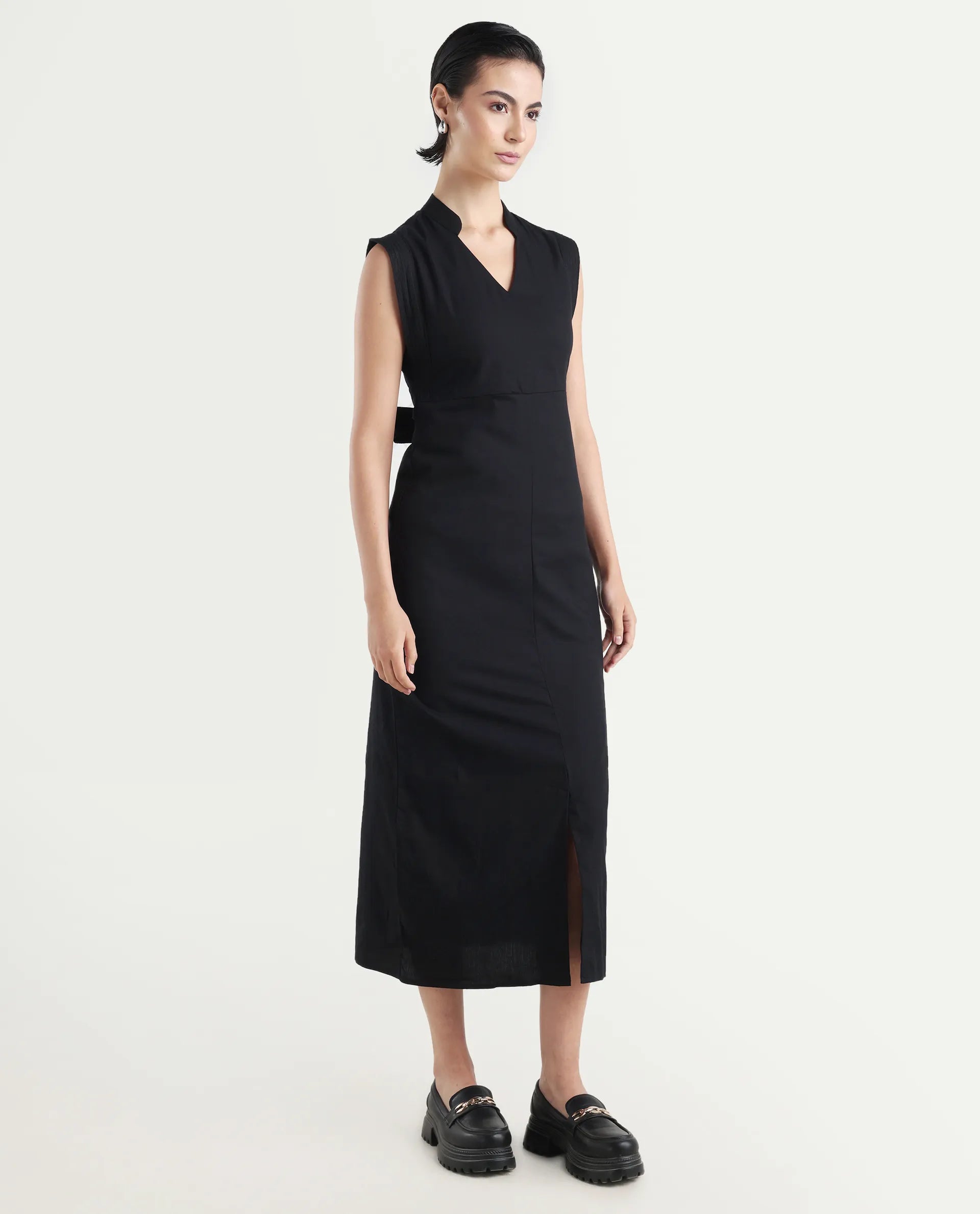 Rareism Women's Jenzo Black Cotton Blend Sleeveless Mandarin Collar Straight Fit Plain Dress