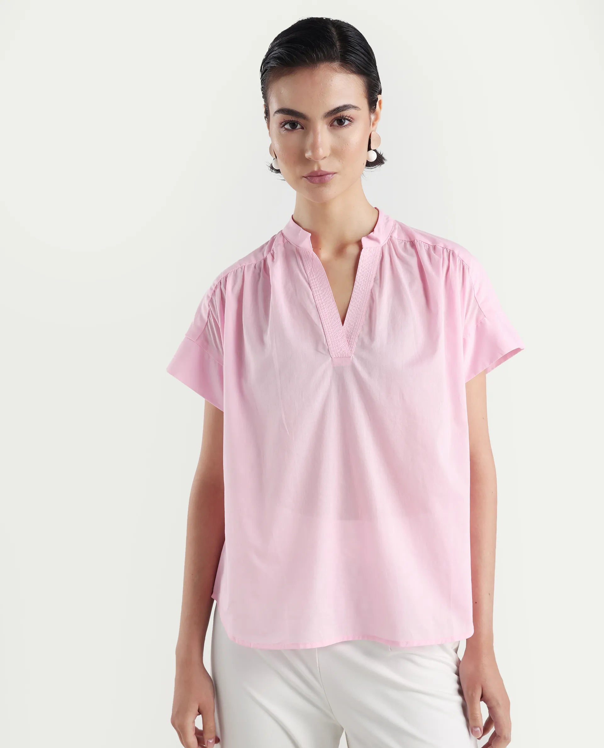 Rareism Women's Nupto Pastel Pink Cotton Extended Sleeves Mandarin Collar Relaxed Fit Plain Top