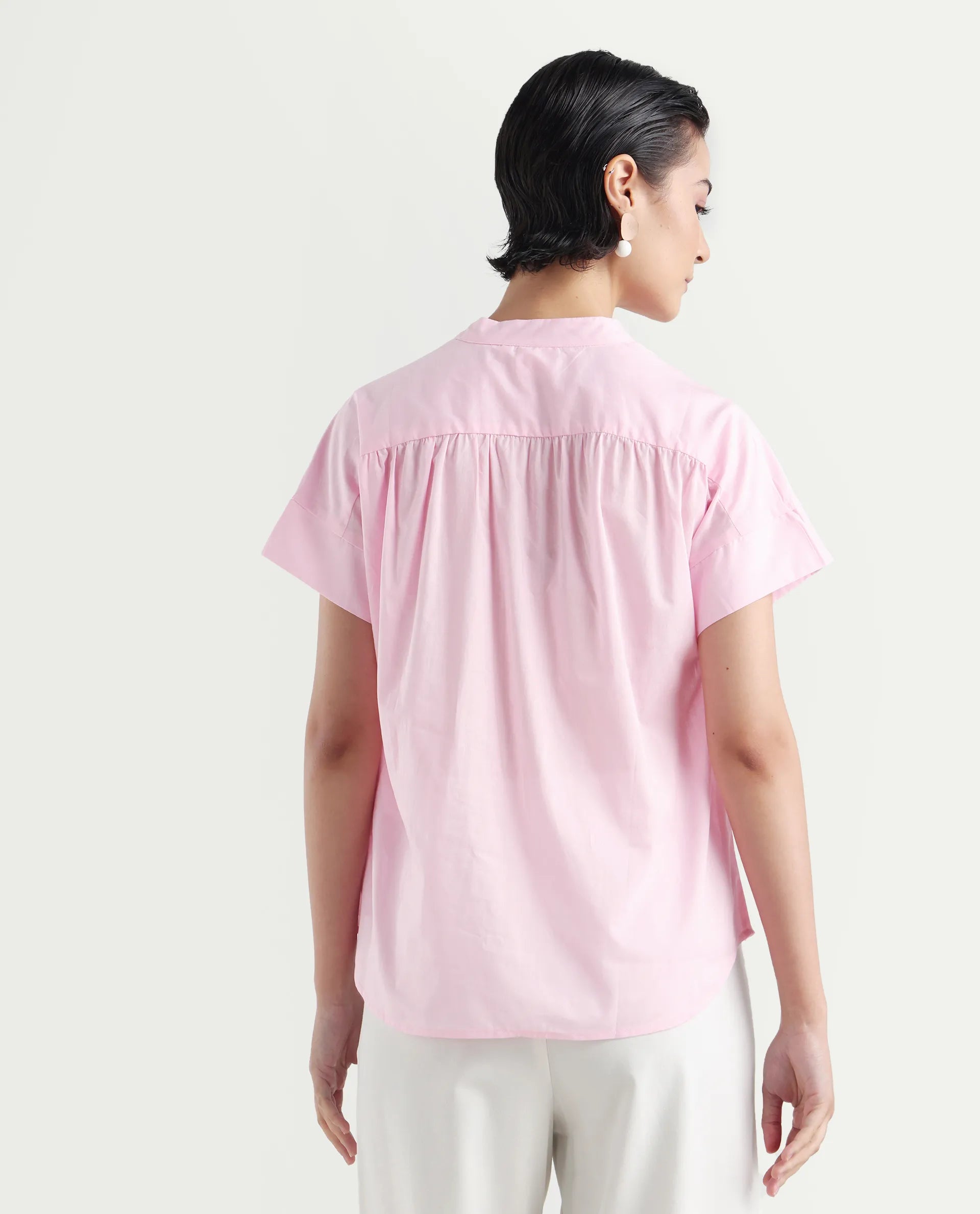 Rareism Women's Nupto Pastel Pink Cotton Extended Sleeves Mandarin Collar Relaxed Fit Plain Top