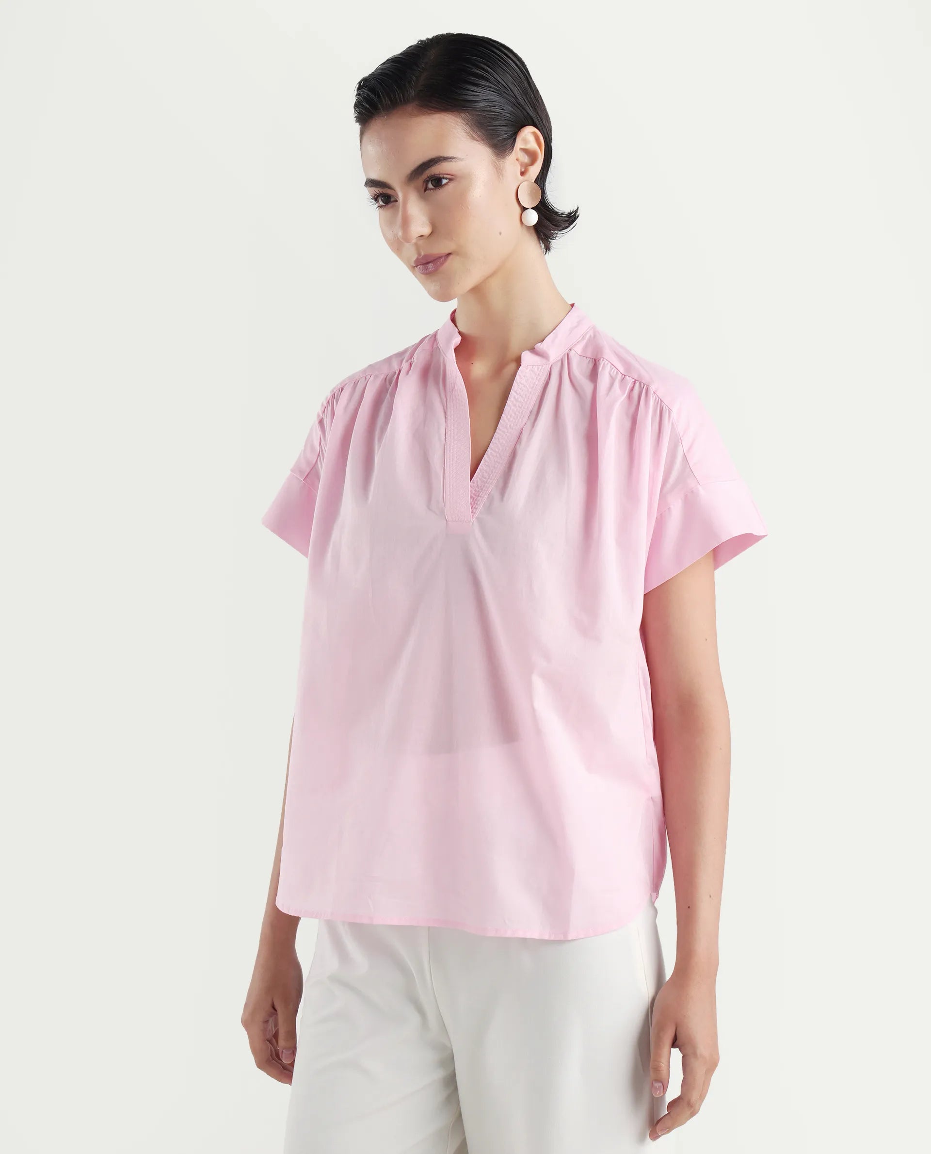 Rareism Women's Nupto Pastel Pink Cotton Extended Sleeves Mandarin Collar Relaxed Fit Plain Top