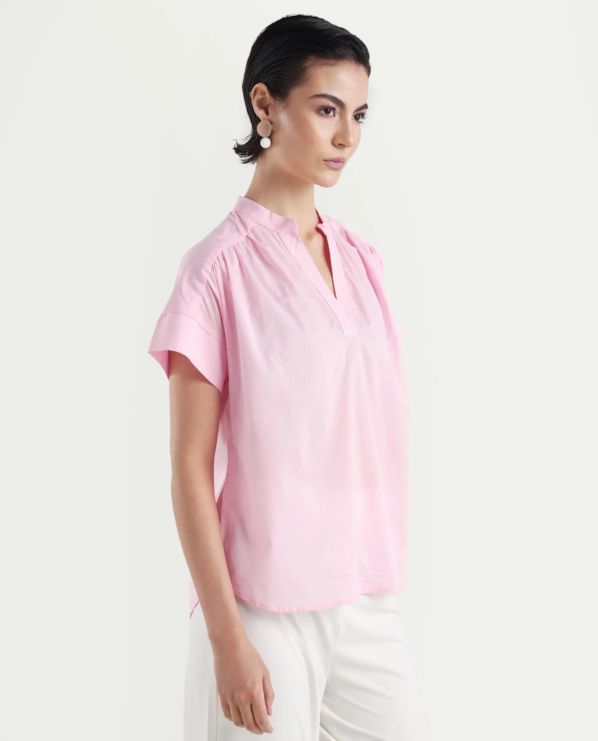 Rareism Women's Nupto Pastel Pink Cotton Extended Sleeves Mandarin Collar Relaxed Fit Plain Top