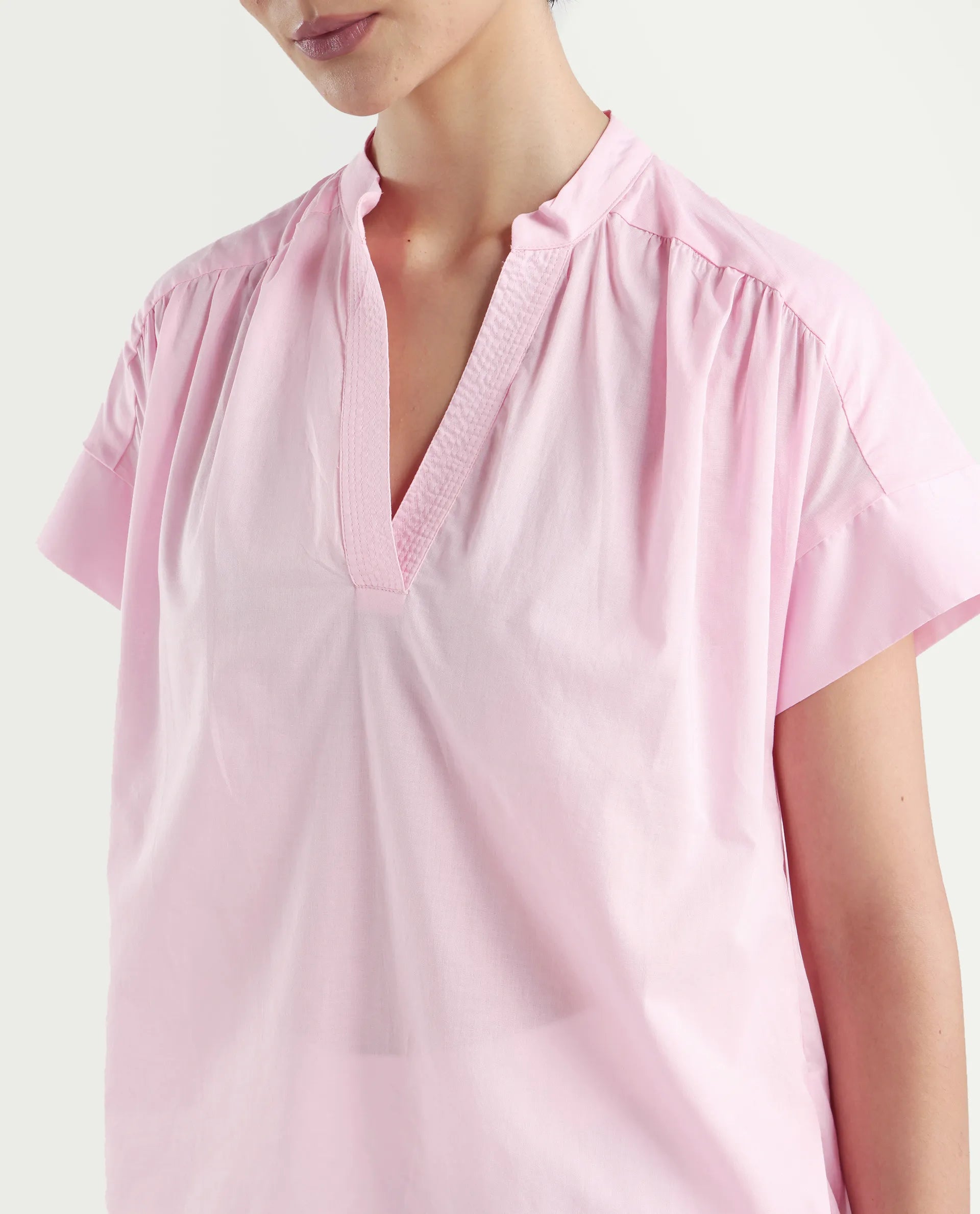 Rareism Women's Nupto Pastel Pink Cotton Extended Sleeves Mandarin Collar Relaxed Fit Plain Top