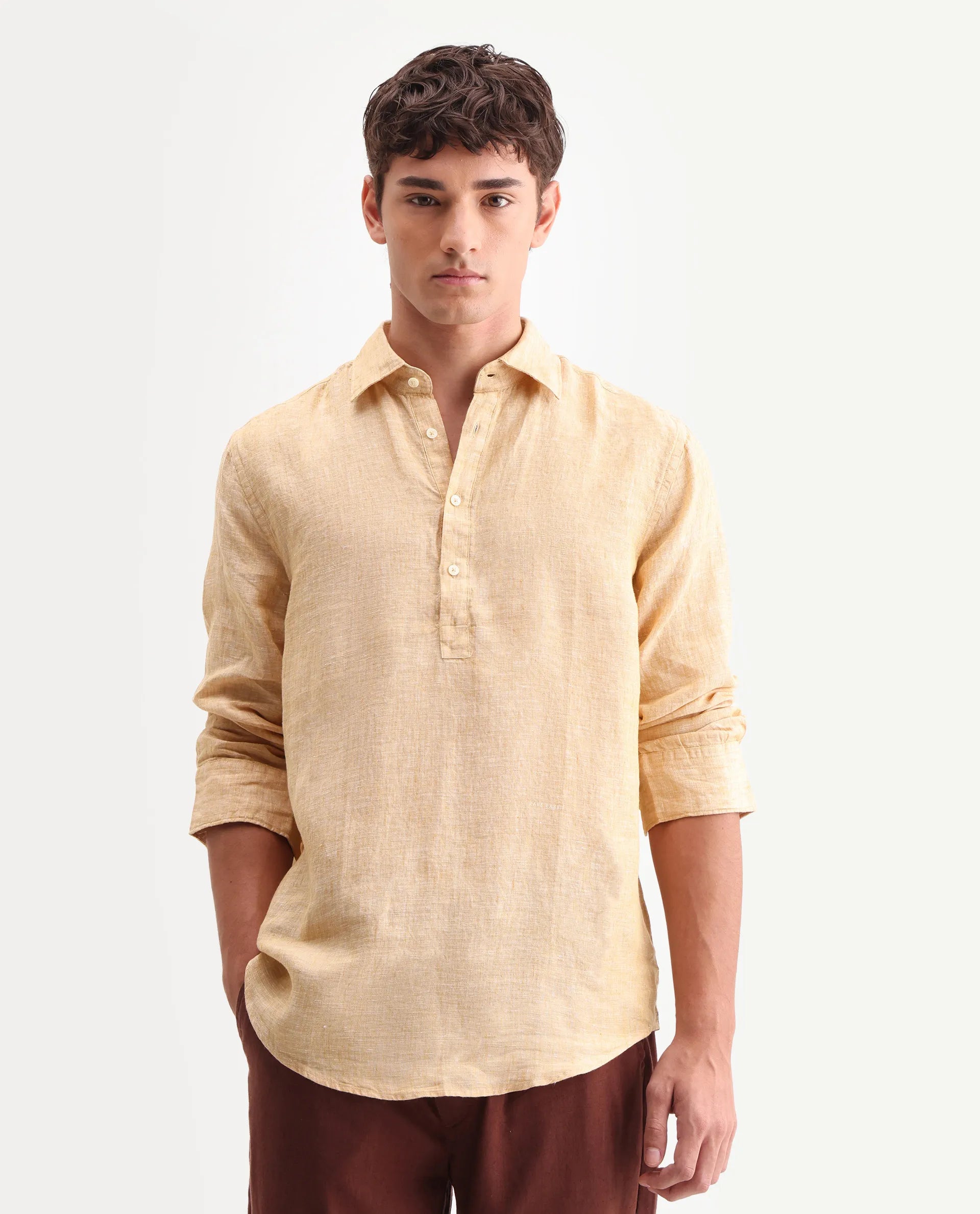Rare Rabbit Men's Kurts Dusky Yellow 100% Linen Plain Regular Fit Full Sleeve Collared Shirt