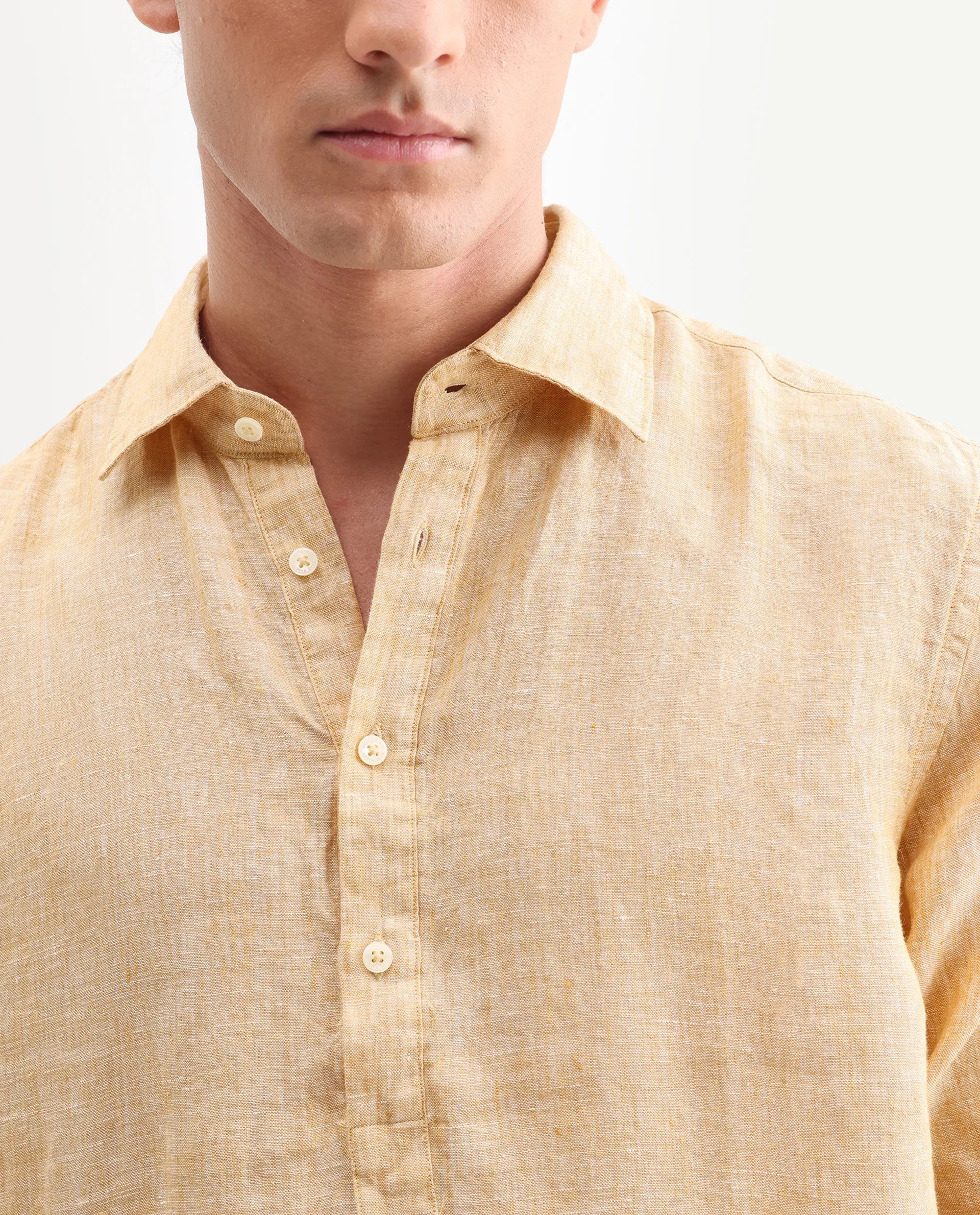 Rare Rabbit Men's Kurts Dusky Yellow 100% Linen Plain Regular Fit Full Sleeve Collared Shirt