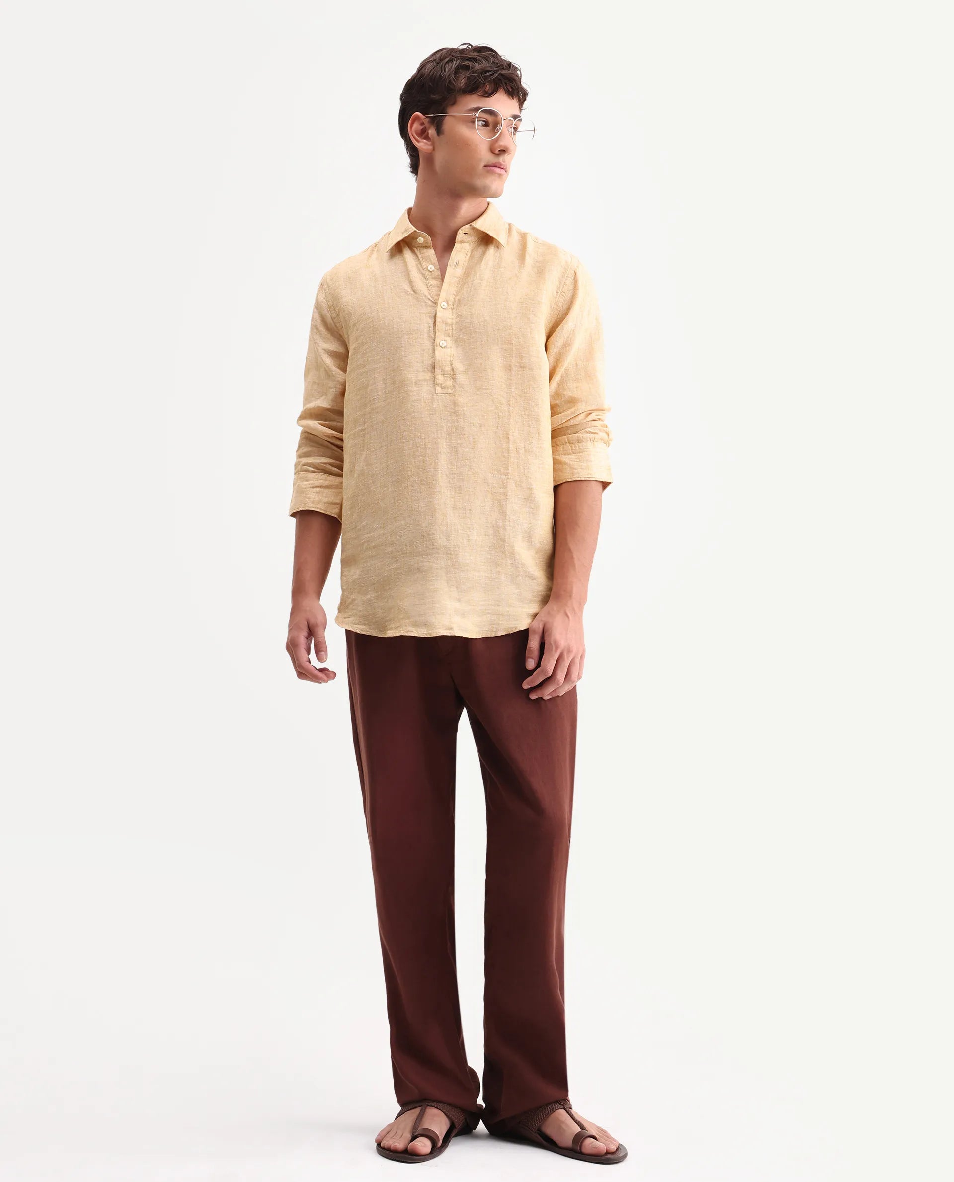 Rare Rabbit Men's Kurts Dusky Yellow 100% Linen Plain Regular Fit Full Sleeve Collared Shirt