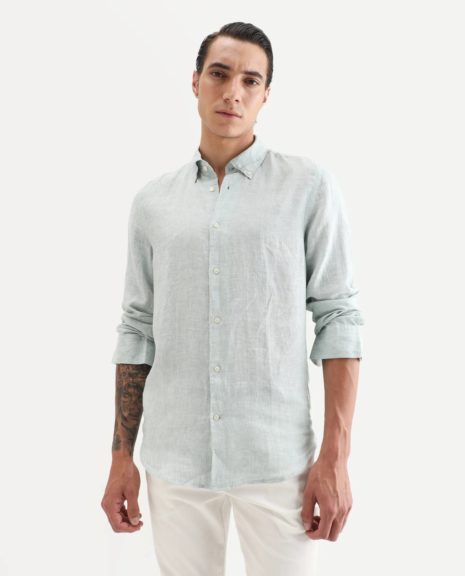 Rare Rabbit Men's Lucis Aqua 100% Linen Plain Regular Fit Full Sleeve Collared Shirt