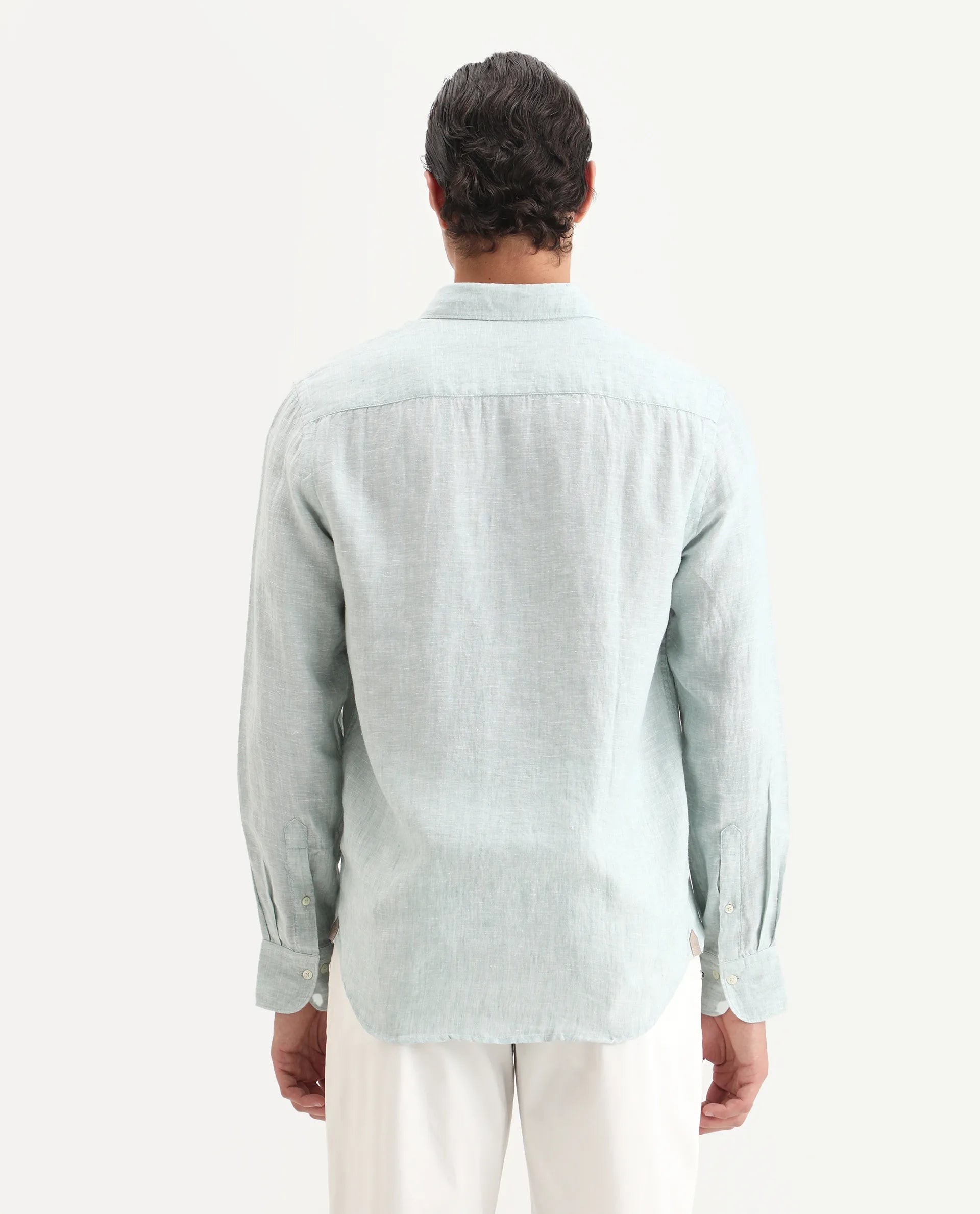 Rare Rabbit Men's Lucis Aqua 100% Linen Plain Regular Fit Full Sleeve Collared Shirt