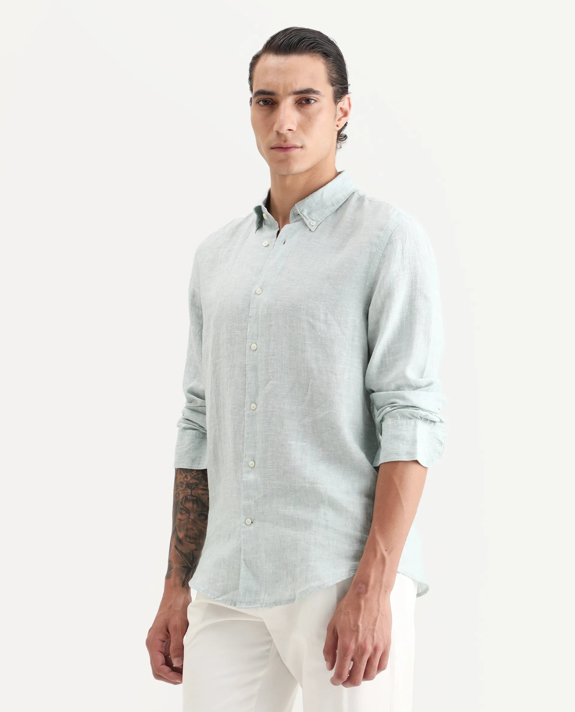 Rare Rabbit Men's Lucis Aqua 100% Linen Plain Regular Fit Full Sleeve Collared Shirt