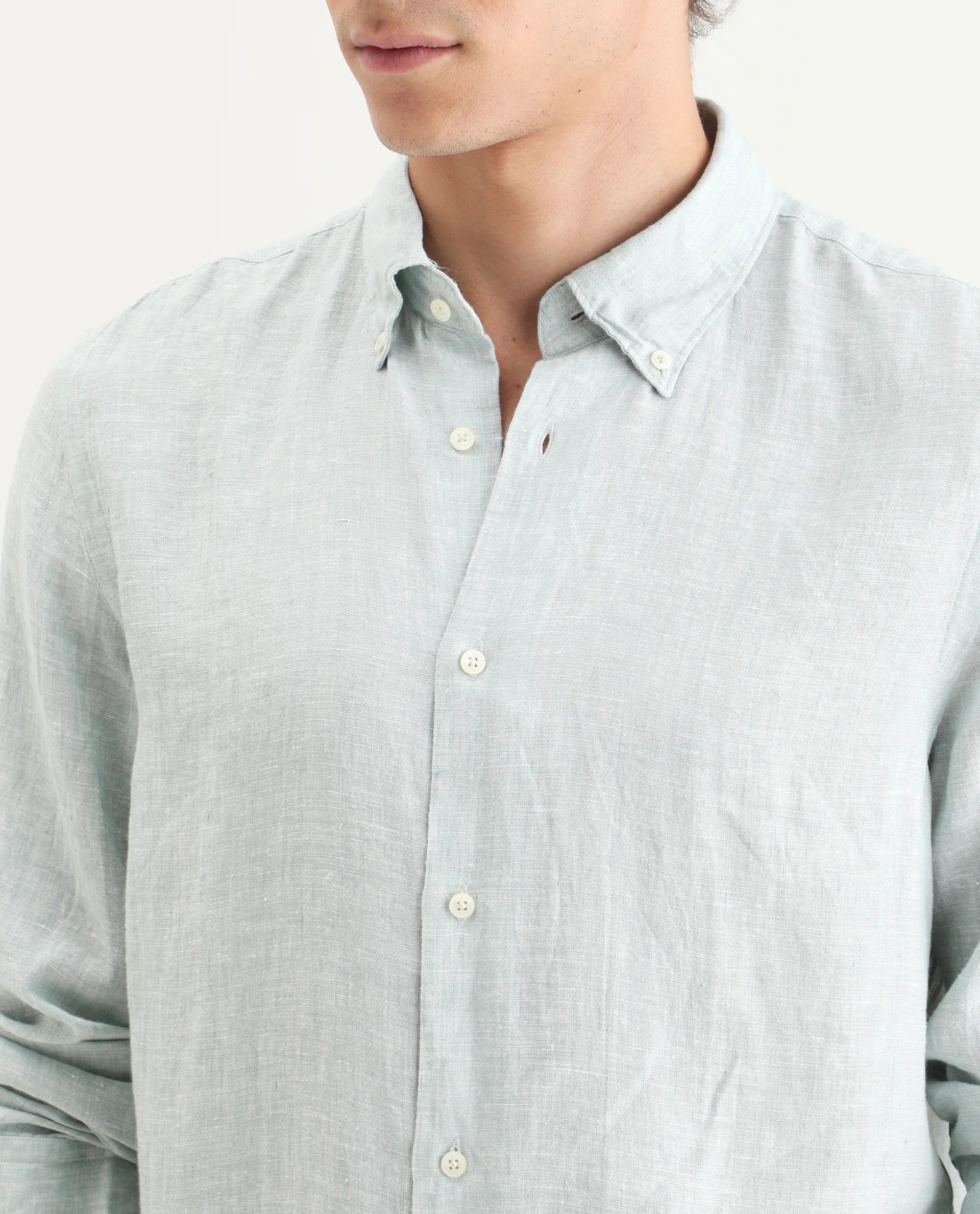 Rare Rabbit Men's Lucis Aqua 100% Linen Plain Regular Fit Full Sleeve Collared Shirt