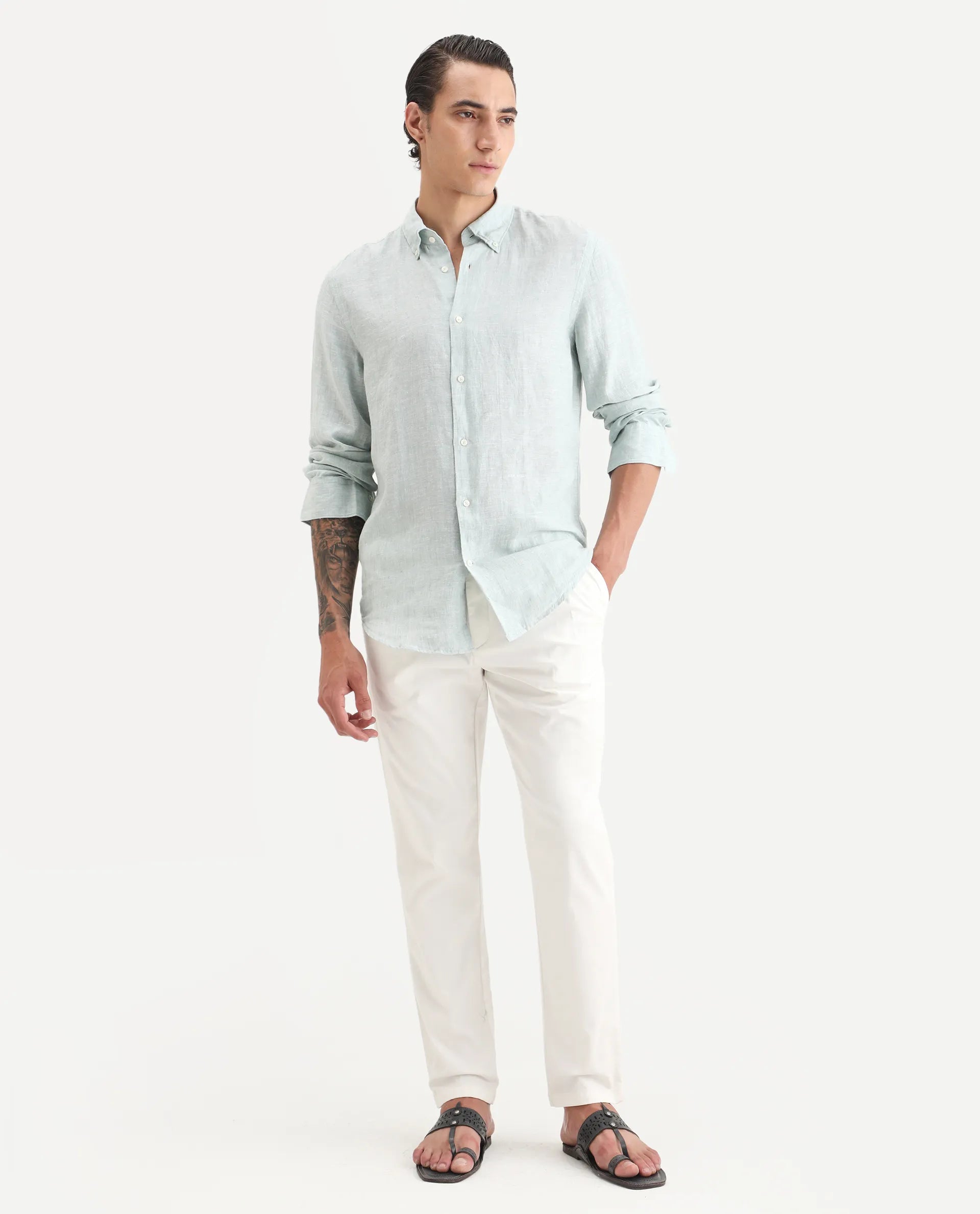 Rare Rabbit Men's Lucis Aqua 100% Linen Plain Regular Fit Full Sleeve Collared Shirt