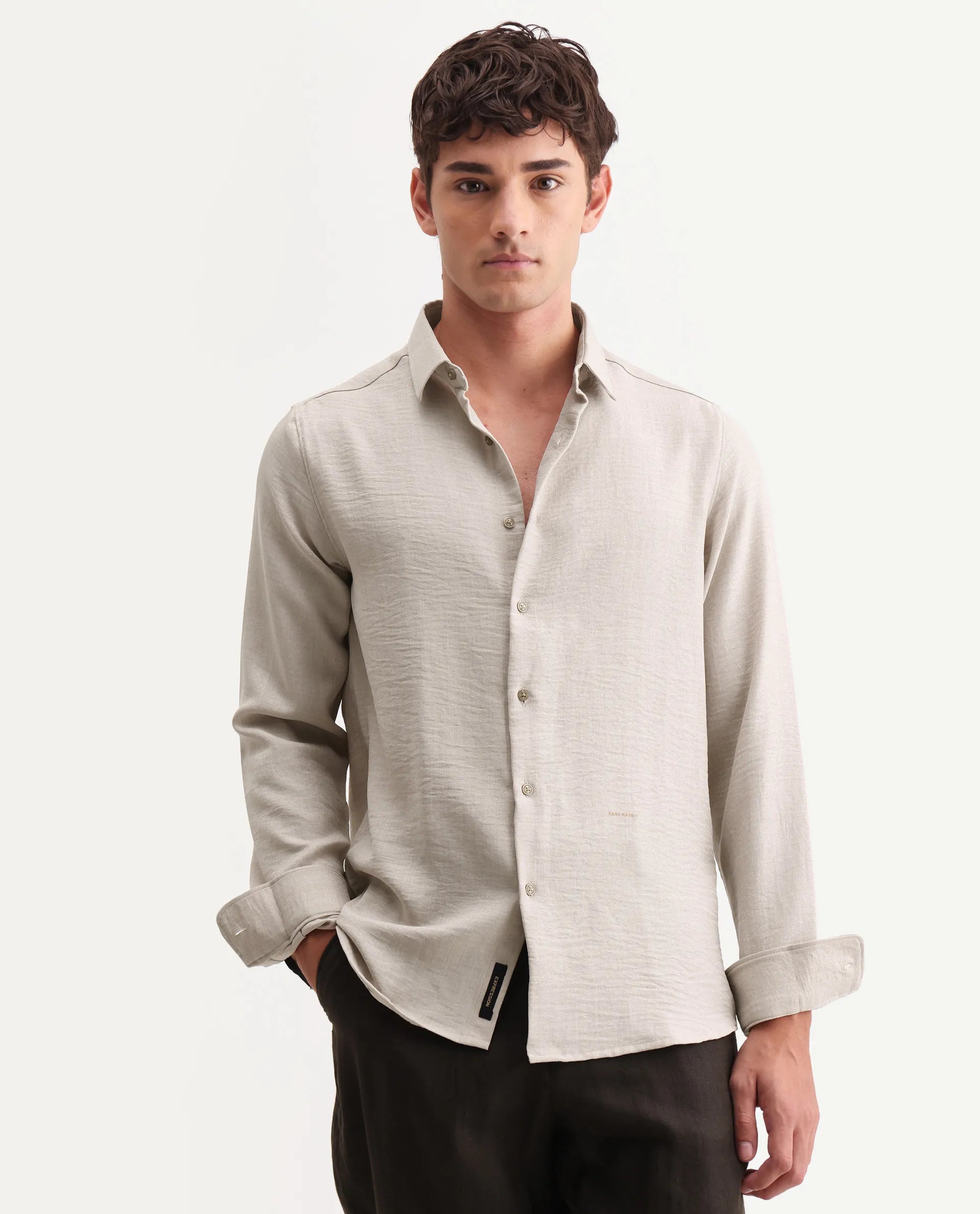 Rare Rabbit Men's Lucis Grey 100% Linen Plain Regular Fit Full Sleeve Collared Shirt