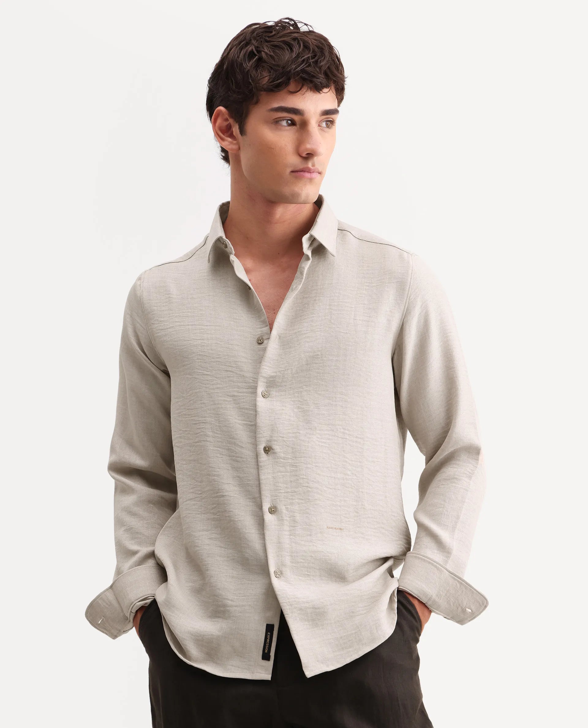 Rare Rabbit Men's Lucis Grey 100% Linen Plain Regular Fit Full Sleeve Collared Shirt