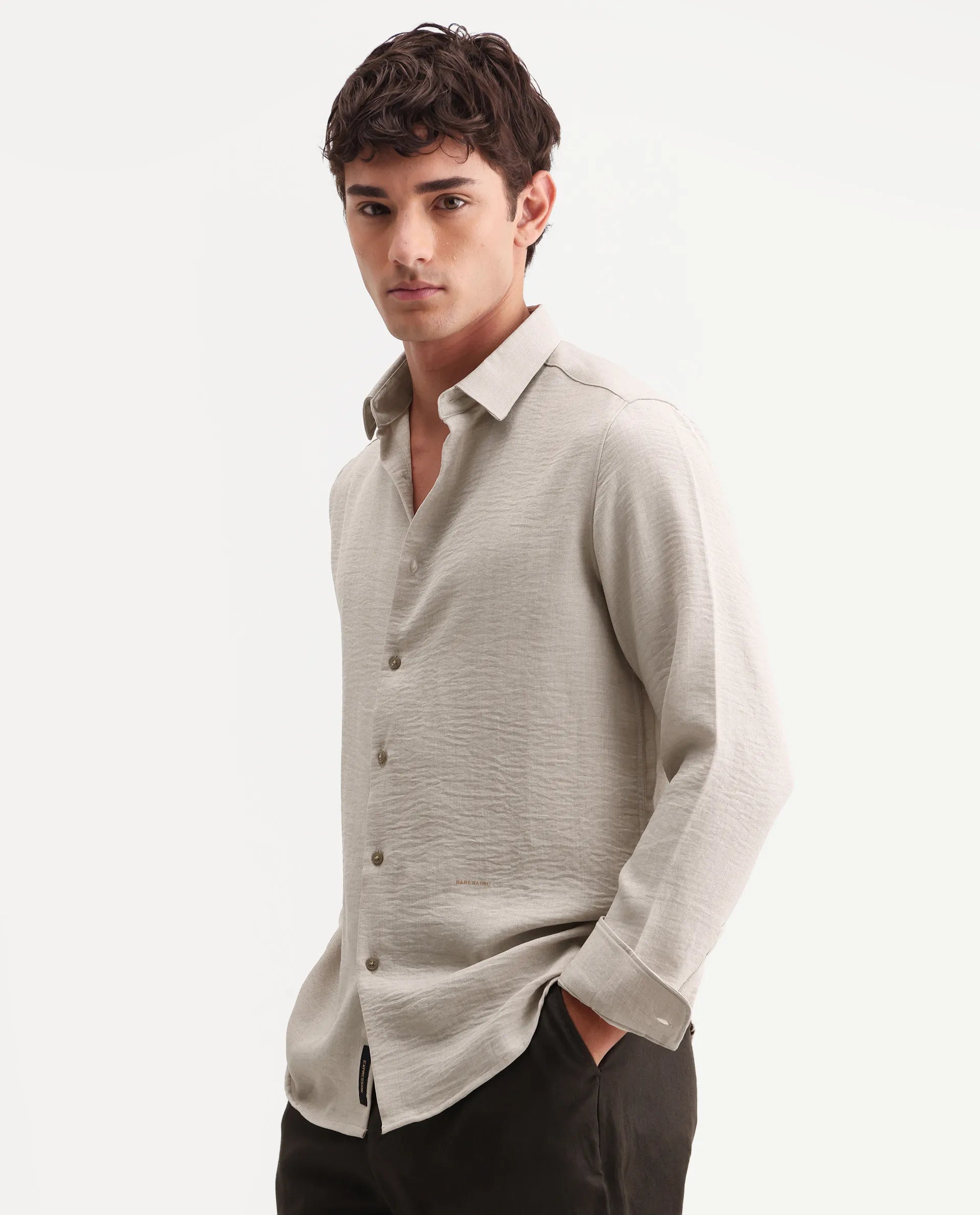 Rare Rabbit Men's Lucis Grey 100% Linen Plain Regular Fit Full Sleeve Collared Shirt