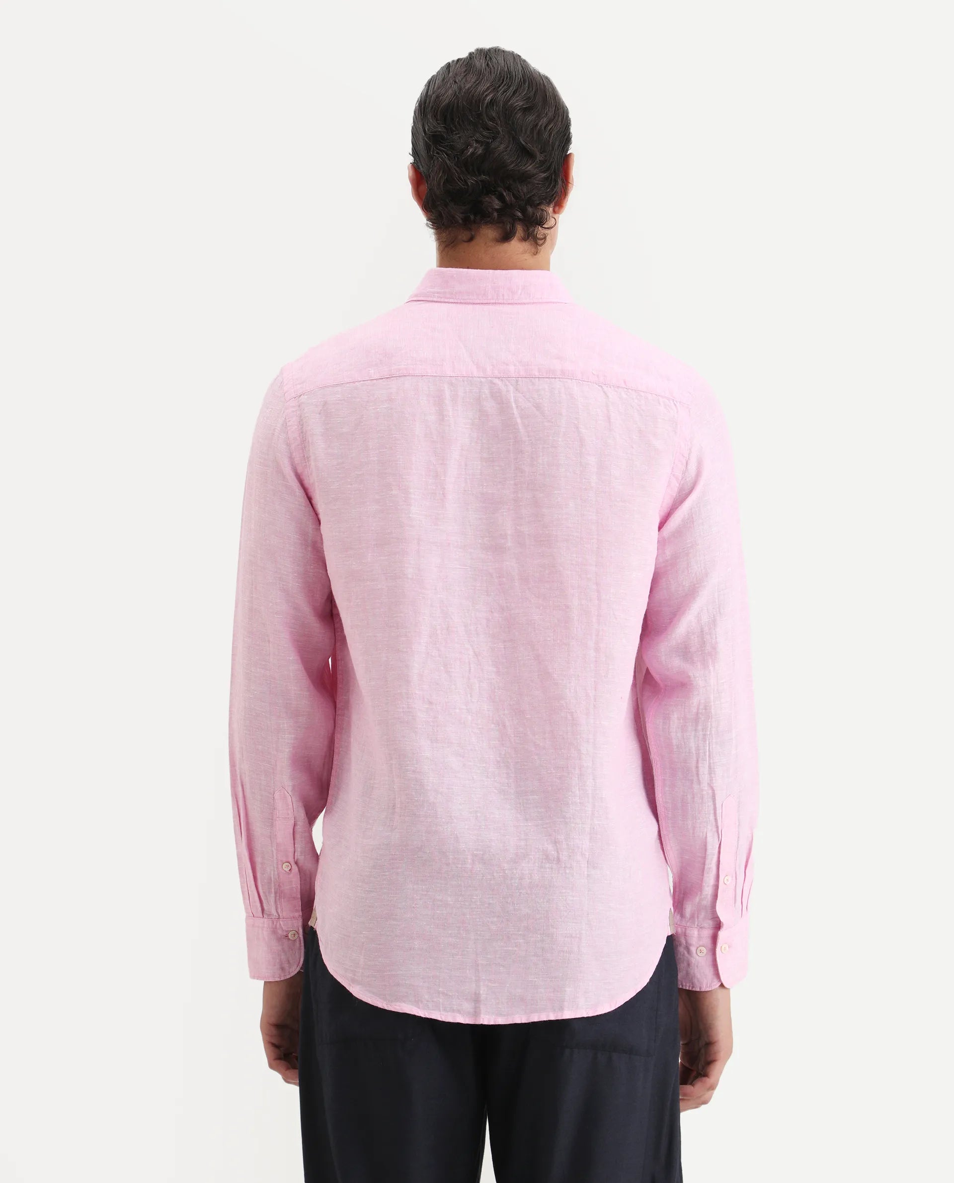 Rare Rabbit Men's Lucis Pink 100% Linen Plain Regular Fit Full Sleeve Collared Shirt