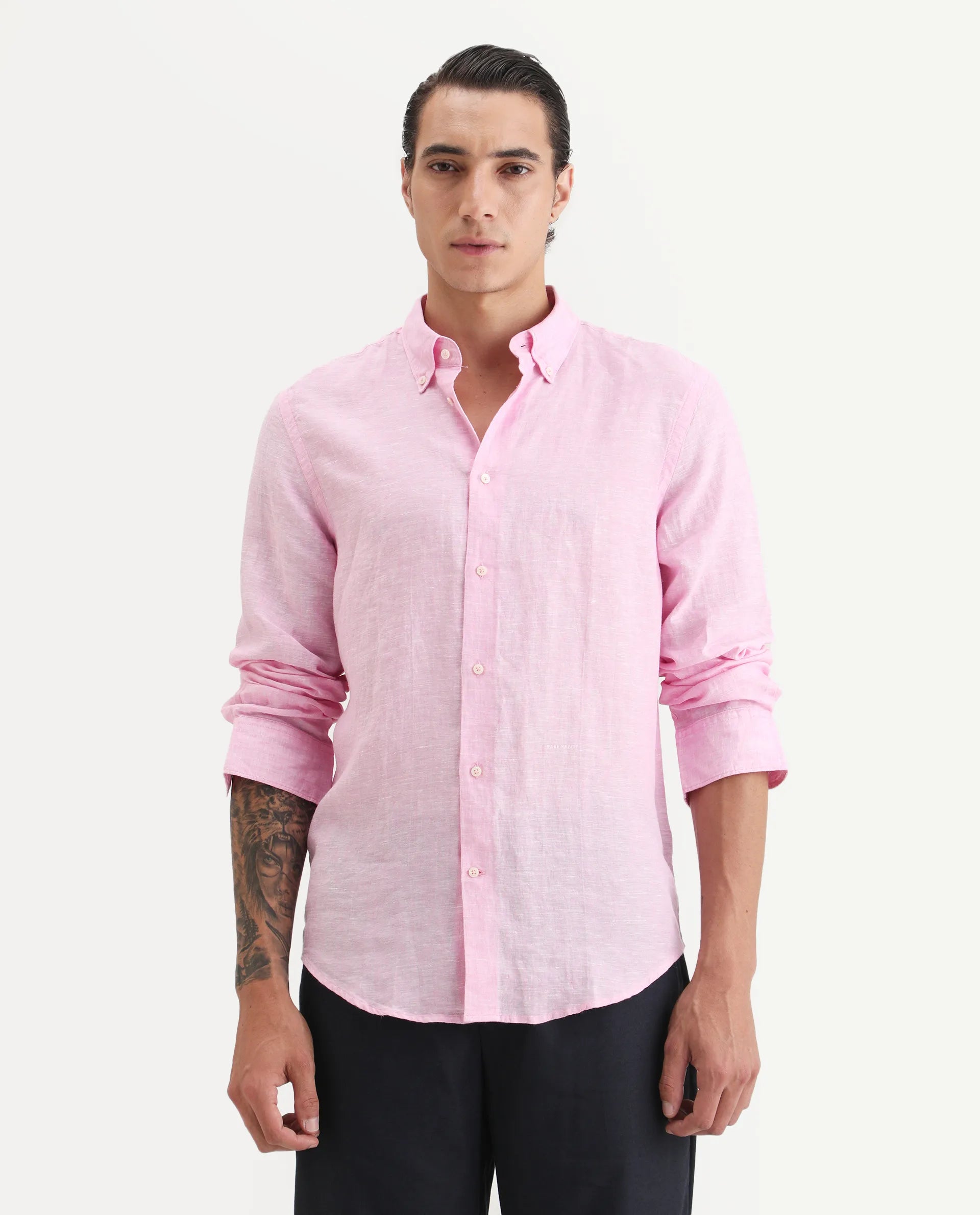 Rare Rabbit Men's Lucis Pink 100% Linen Plain Regular Fit Full Sleeve Collared Shirt