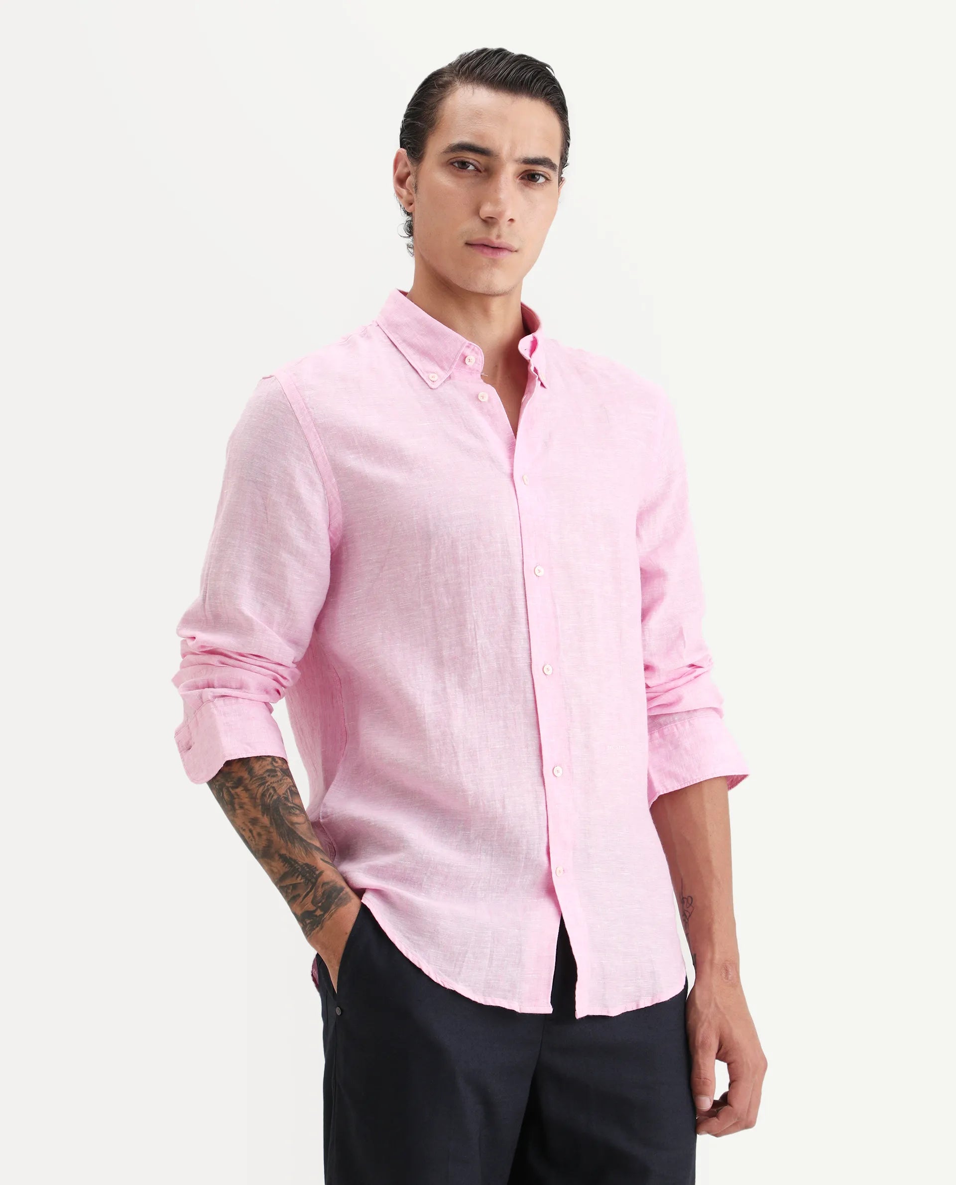 Rare Rabbit Men's Lucis Pink 100% Linen Plain Regular Fit Full Sleeve Collared Shirt